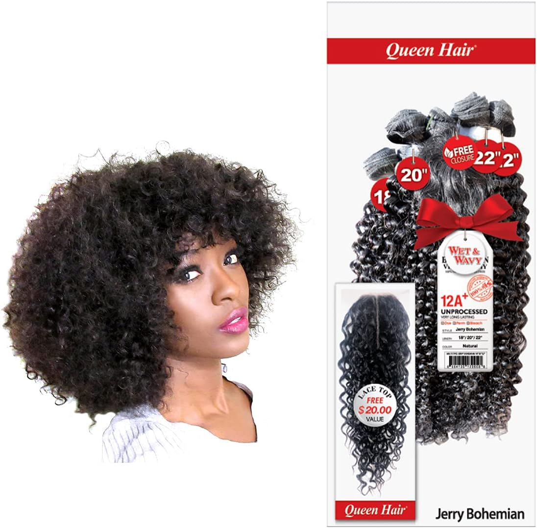 Queen Hair 12A+ Water Wave Hair Jerry Bohemian Curl Brazilian Virgin Remy 100% Unprocessed Human Hair Extensions Weft Weave 6 Bundles + Free Closure - Sew In or Glue In（Natural，12“14“16）