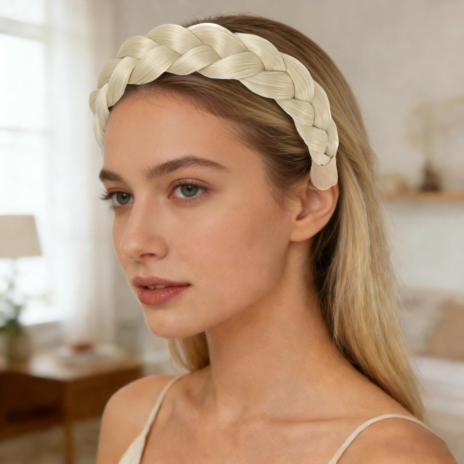 Serre-tête tressé blond, bandeau tressé synthétique pour femme, élastique et réglable, tressage fait main, dimensions 26 x 6 x 1 cm, accessoire cheveux