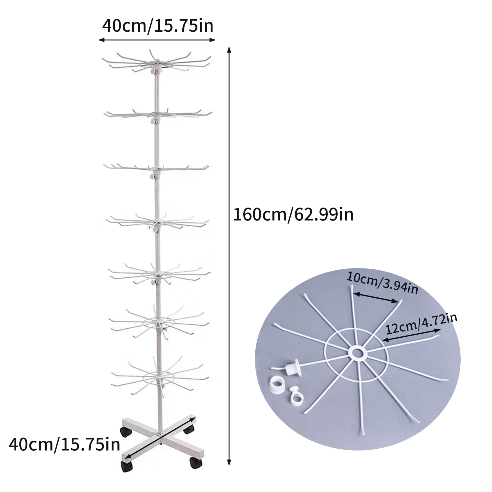 Espositore girevole a 7 livelli, diametro 40 cm, altezza 160 cm, con gancio, supporto girevole per gioielli, in metallo per catena, sciarpe, calze, cartolina (bianco)