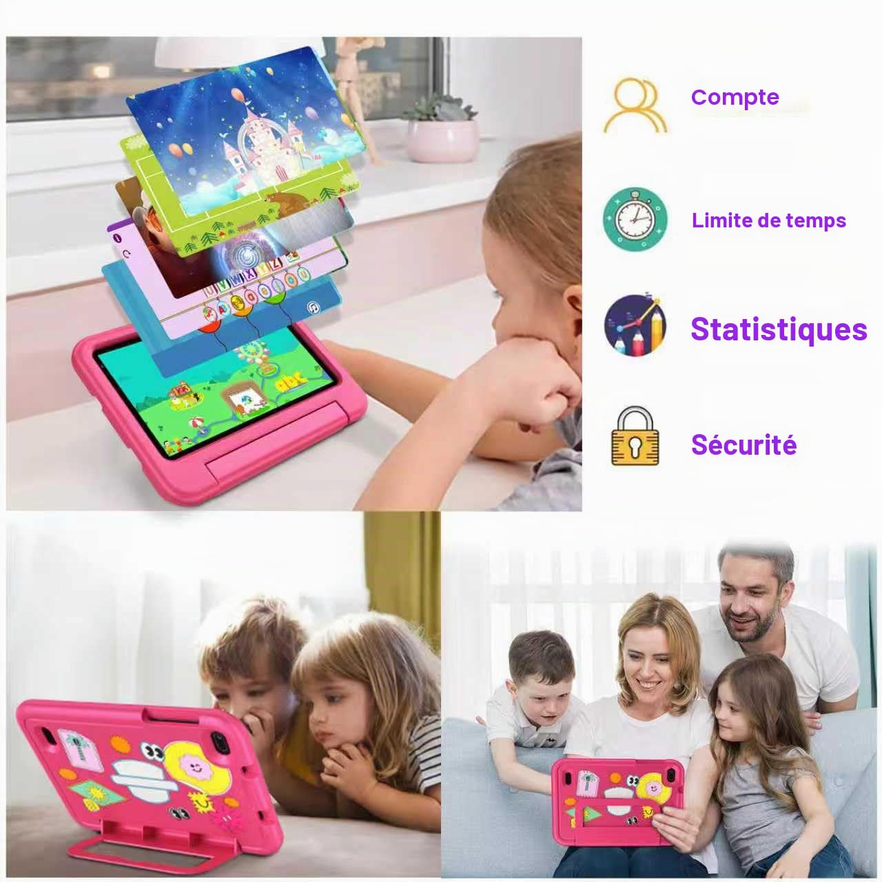 Tablette Enfants 7 Pouces Android AI Tablette avec 10GB RAM+64GB ROM(TF 1TB), Octa-Core|5G+2.4G WiFi 6 | Contrôle Parental | Dual Cameras | Bluetooth 5.0 | iWAWA Tablettes avec EVA Cas-Rose