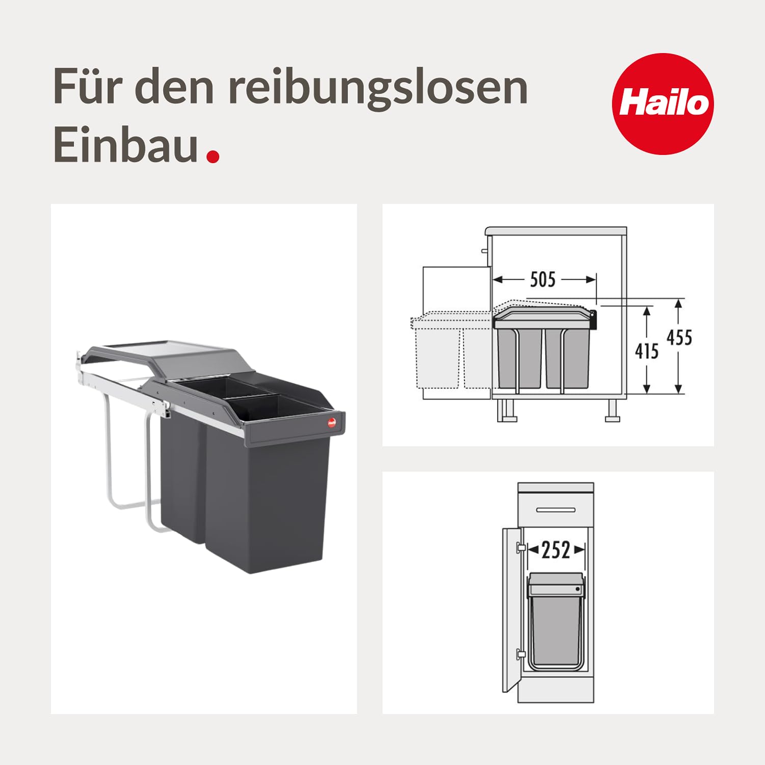 Hailo Abfallsammler Tandem 3650101 | 2fach Einbau-Mülleimer incl. 50 Müllbeutel | für Schränke ab 300 mm Breite | Bequemer Handauszug auf Rollenführung | Silber und Kunststoff Anthrazit