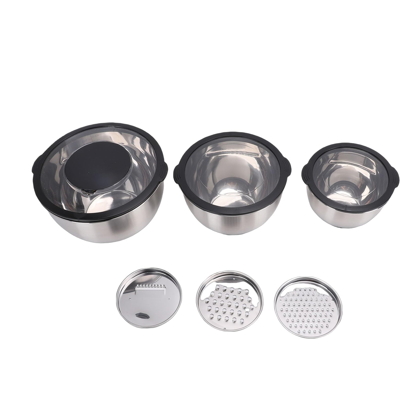 3-teiliges Rührschüssel-Set, 1,5 2,5 4, Edelstahlschüsseln, Küchenschüsseln mit Luftdichten Deckeln und 3 Reibenaufsätzen, Rutschfeste Silikonböden