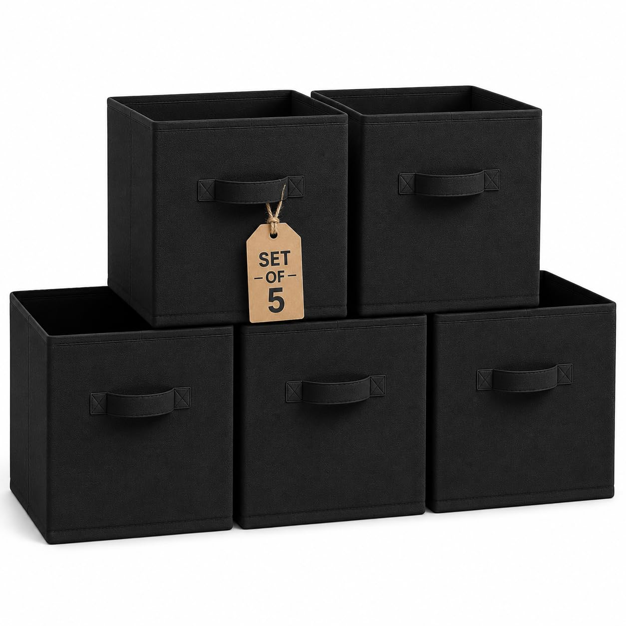 A406 5 Pack Storage Cube Boxes, Foldable Fabric Storage Bins with Handles, Cube Organiser Baskets for Kallax Shelving Units, Toy Clothes Storage (Black, 30x30x30cm)