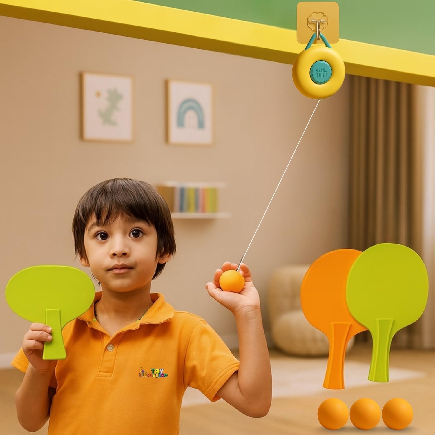 Toy Imagine Fun Indoor Table Tennis Trainer Kit โ 2 Rackets, 6 Practice Balls, Adjustable Height, and Adhesive Hook for Easy Play