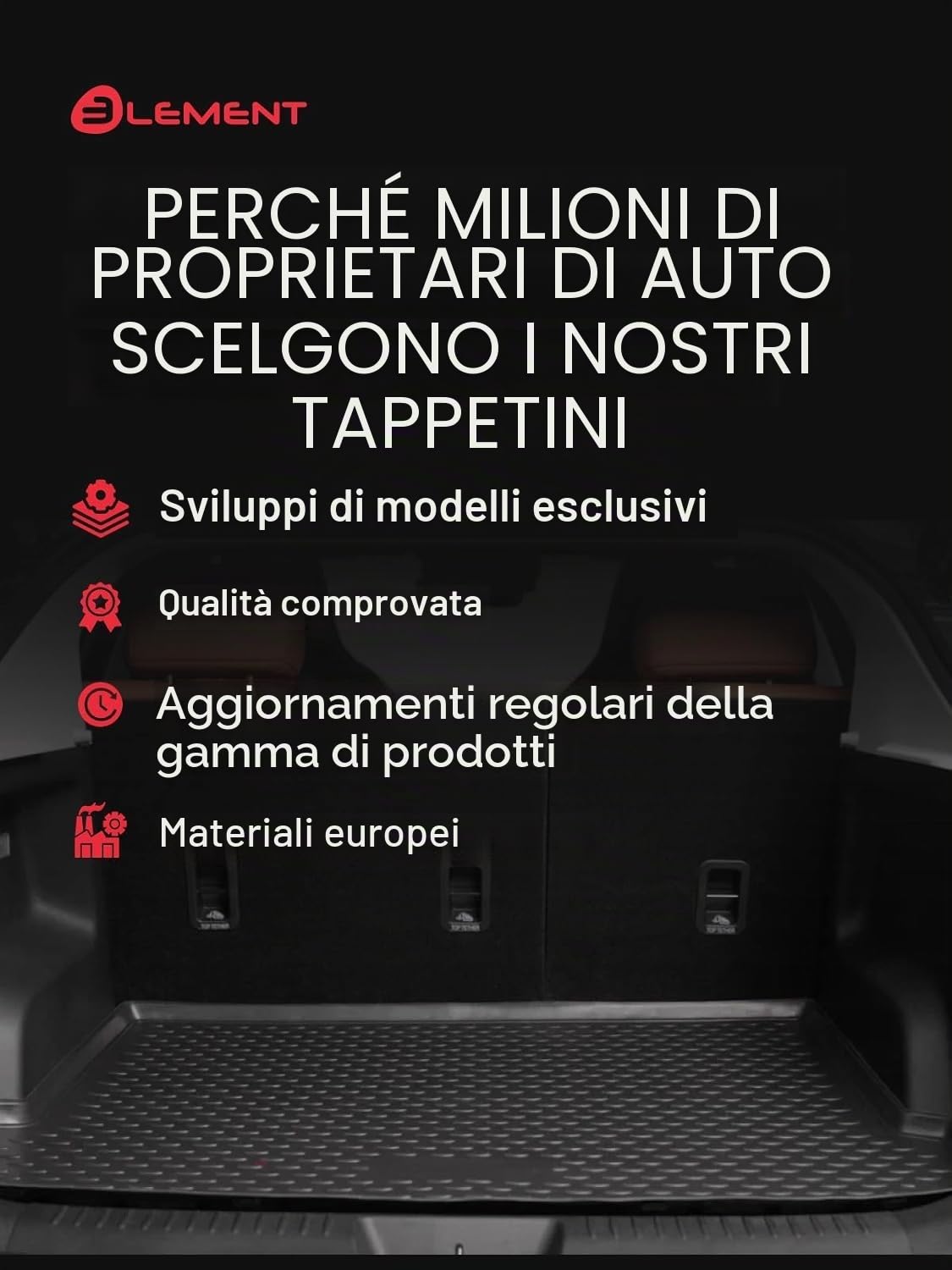 Element - Set di tappetini in gomma 3D e tappetini per bagagliaio adatti per Jeep Avenger, anno di costruzione 2023 – oggi, solo per la posizione inferiore del pavimento di carico | 100% su misura per