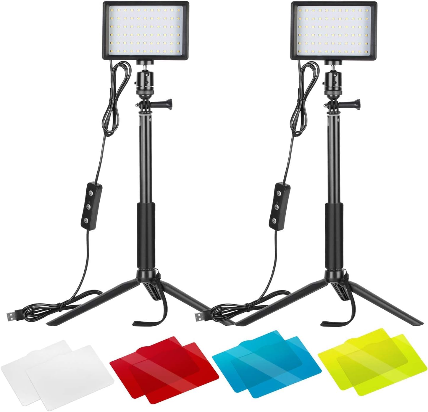 2 Packs Dimmable 5600K USB LED Video Light with Adjustable Tripod Stand/Color Filters for Tabletop/Low Angle Shooting, MULTIPLE-USE LED LIGHTING SET, Product Portrait Youtube Video Photography
