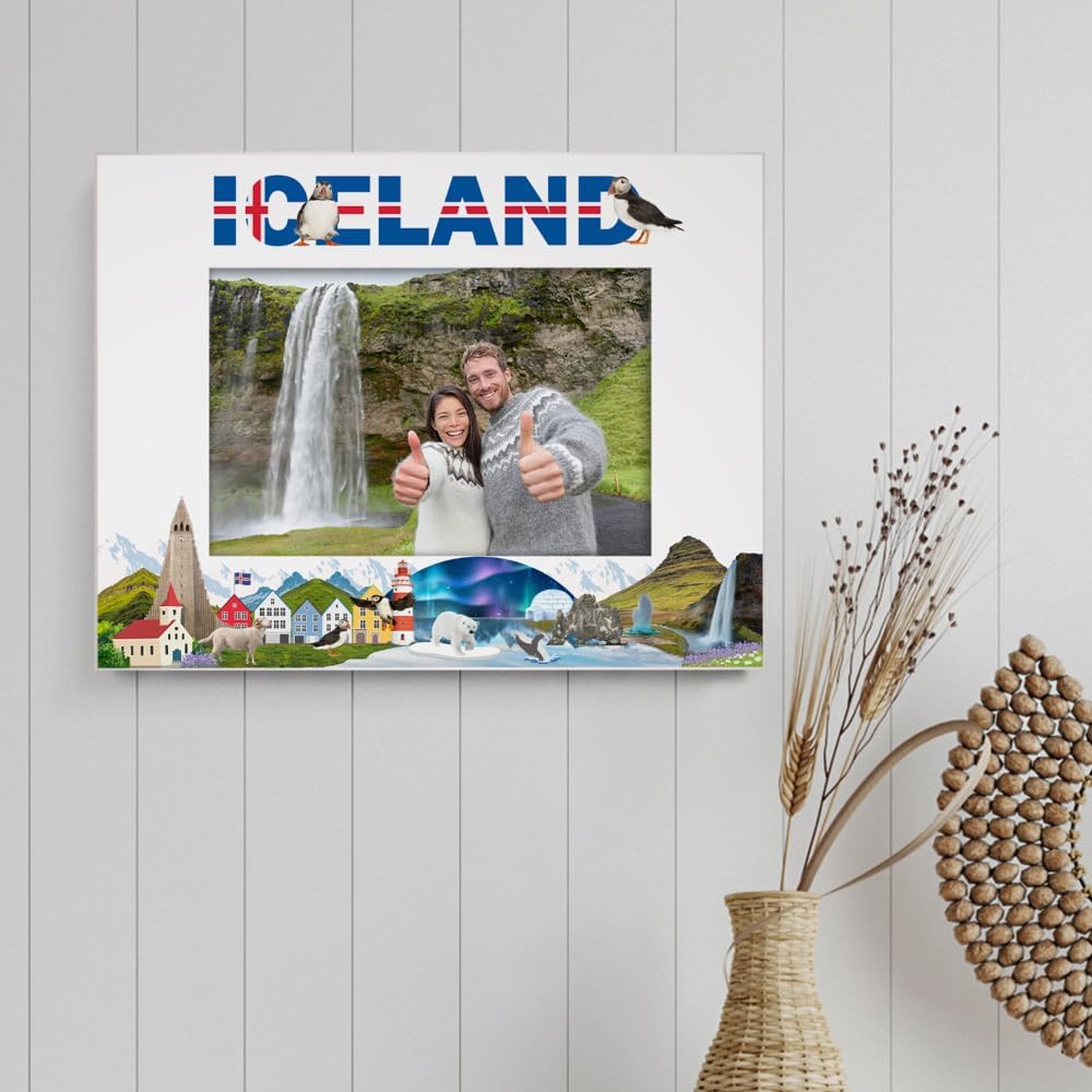 KATE POSH Stunning Iceland-Themed, Iceland Northern Lights UV Gloss Wooden Picture Frame – Perfect for Your Travel Memories (5x7-Horizontal)
