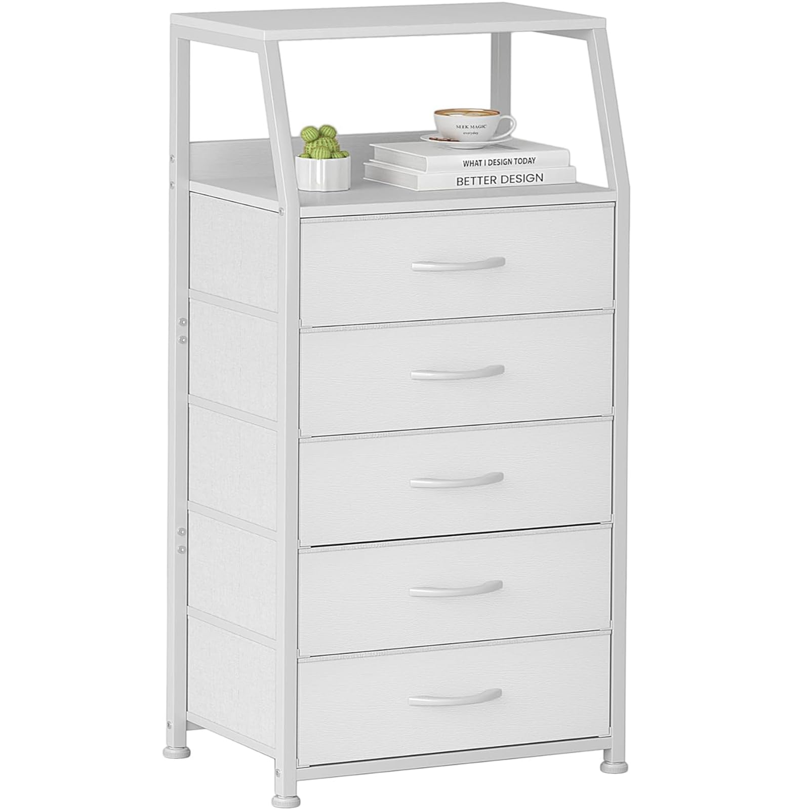 Kommode mit 5 Schubladen aus Stoff, Hoch Schmal Komodenschrank Aufbewahrungsschrank für Schlafzimmer, 2-Tier Holzplatte Stoffkommode, Industrieller Schrank für Wohnzimmer Kinderzimmer Flur, Weiß