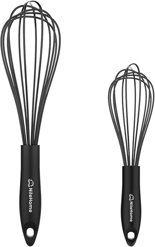 Silicone Whisk Set 8" 10" Kitchen Whisk Black,2-pack | Food-Grade Material,Dishwasher safe,Withstands Heat up to 480°F,Perfect for Cooking,Whisking and Blending