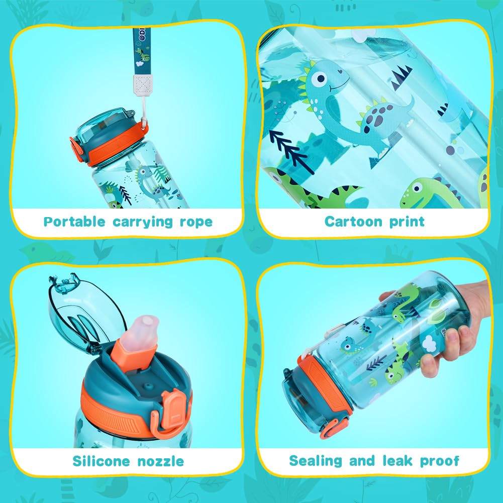 Flintronic 600ML Gourde Enfant avec Paille, Bouteille Enfant avec Poignée, Anti-Fuite, sans BPA Tritan pour l'école Sport (Vert-Dinosaures)