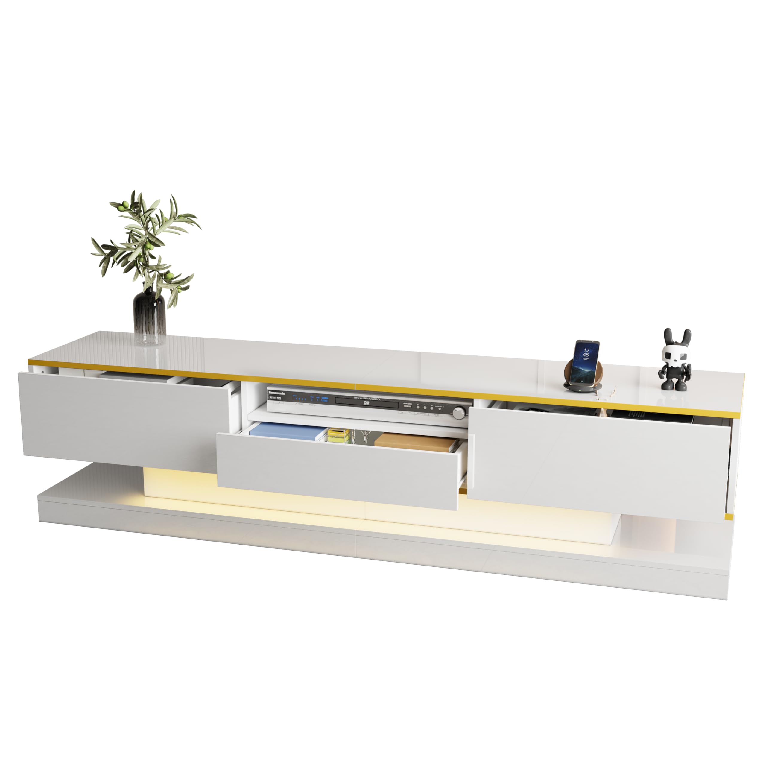 TV Schrank Länge 180 cm für Fernseher bis zu 75 Zoll, Lowboard mit Farbwechselnden LED Leuchten und 3 Schubladen, Fernsehschrank mit 1 Offenen Fach, Wohnzimmer Möbel TV Board, Weiß