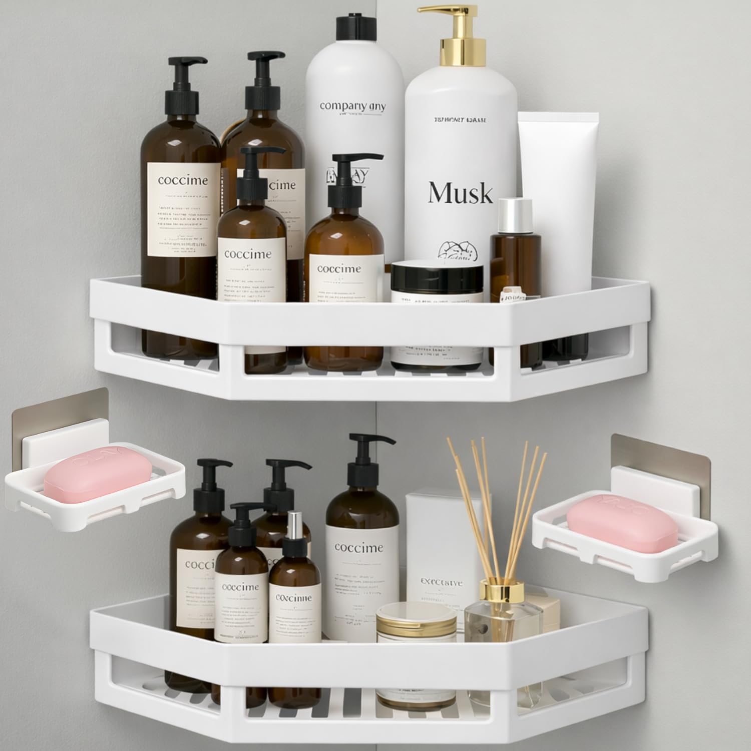 No Drill Bathroom Corner Shelf Organizer | Wall Mounted Plastic Corner Rack for Bathroom & Kitchen | 2-Tier Shelves with 4 Hooks & 2 Soap Dishes | Rustproof, Heavy Duty Storage | White (Set of 2)