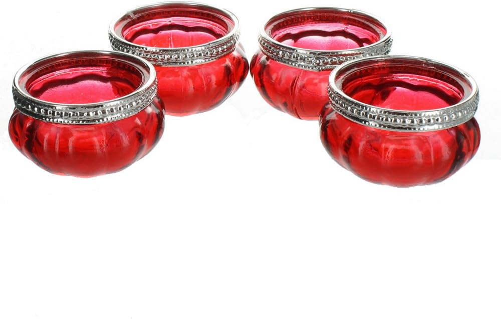 Set of 4 Bright Coloured Glass Tea Light Holders Red