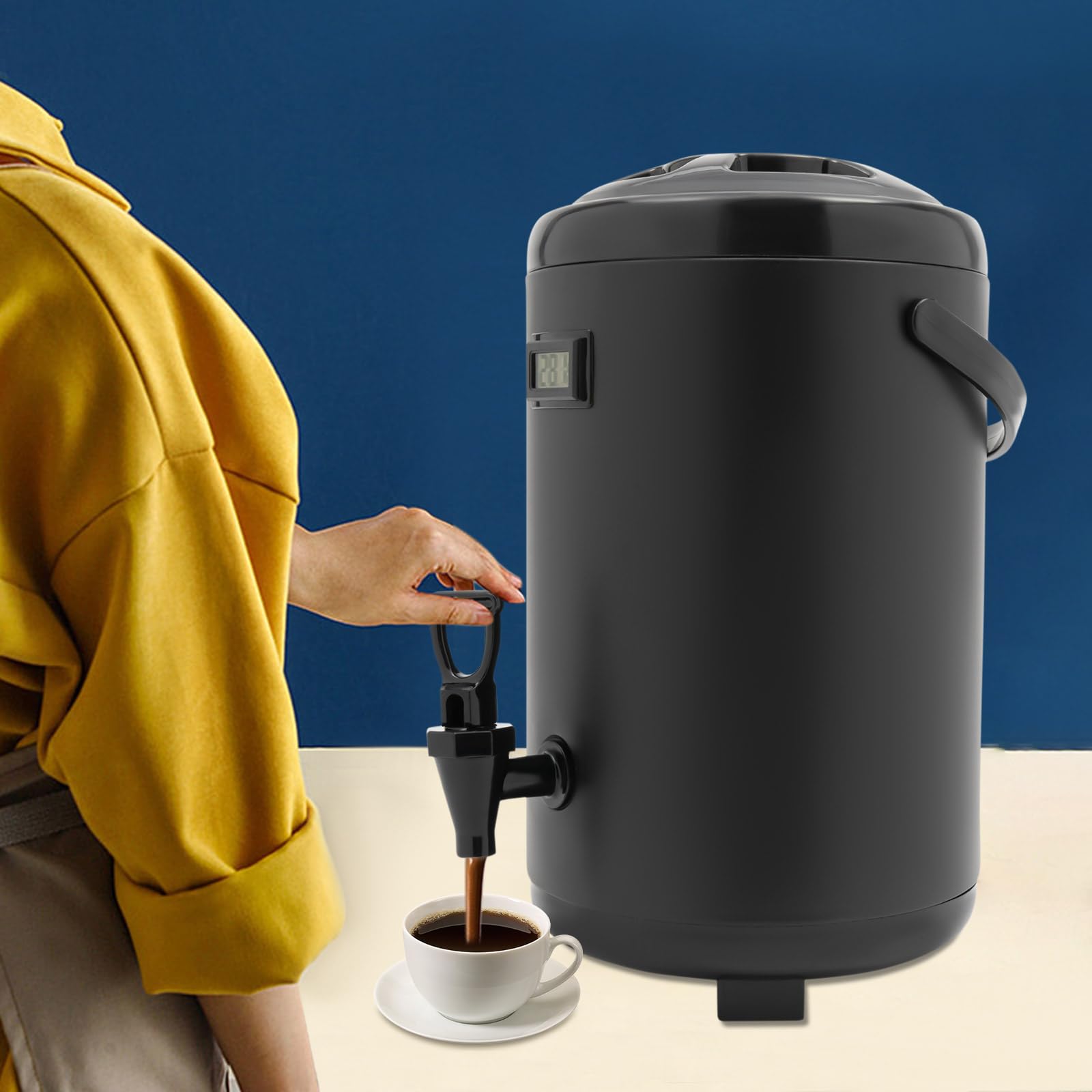 Dispensador de bebidas de 10 l, dispensador de bebidas calientes y frías, acero inoxidable, con pipas y asa para café, agua, leche (negro)