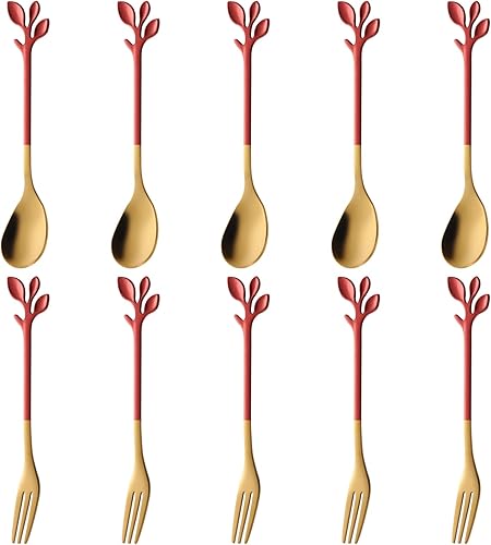 AnSaw 5 cucharas de café pequeñas y 5 tenedores para postres, acero inoxidable de 4.7 pulgadas con mango de hojas (rojo y dorado)