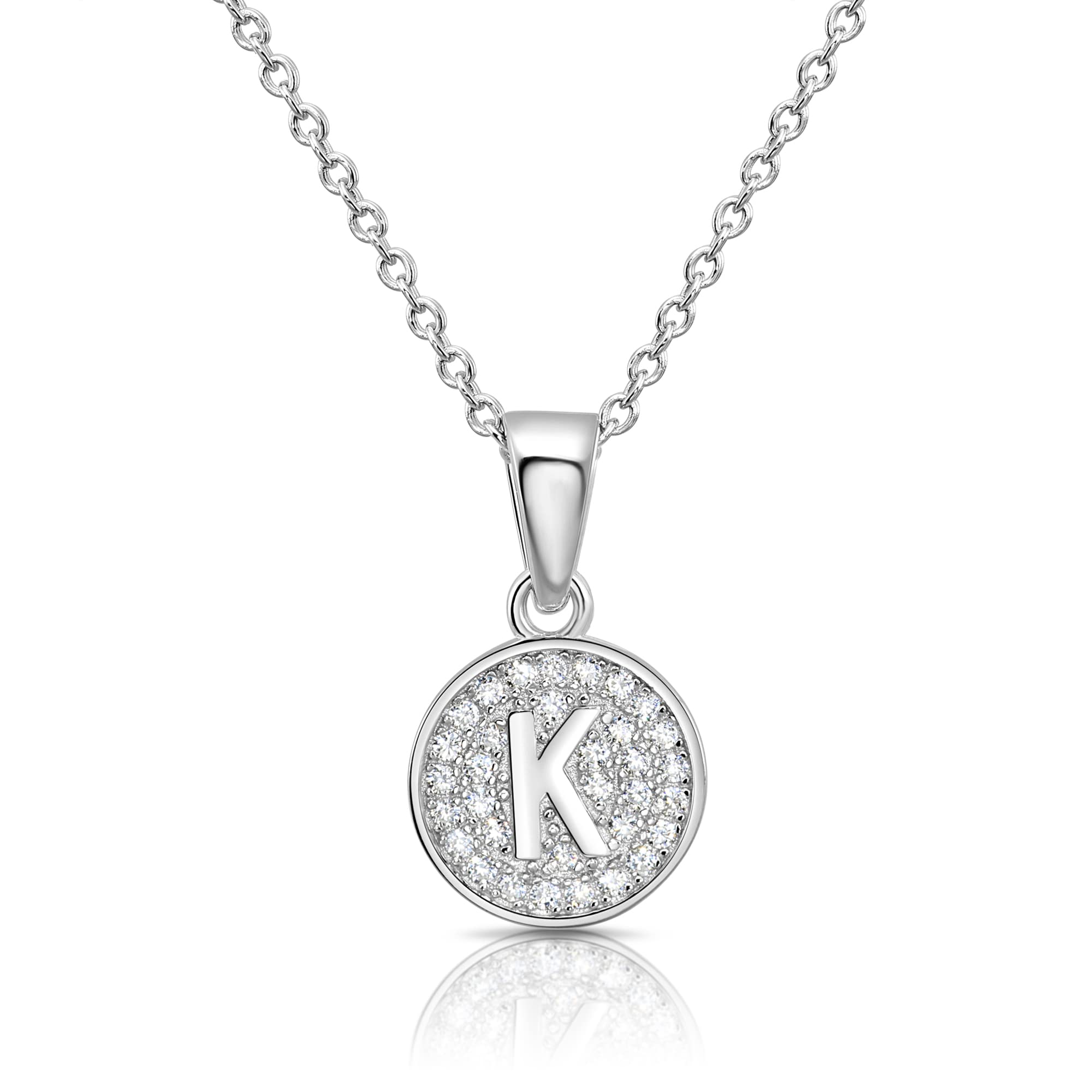 TILO JEWELRYTILO JEWELRY 925 Sterling Silver Alphabet Letter Round Initial Pendant Necklace with Cubic Zirconia CZ Stones, Adjustable Chain