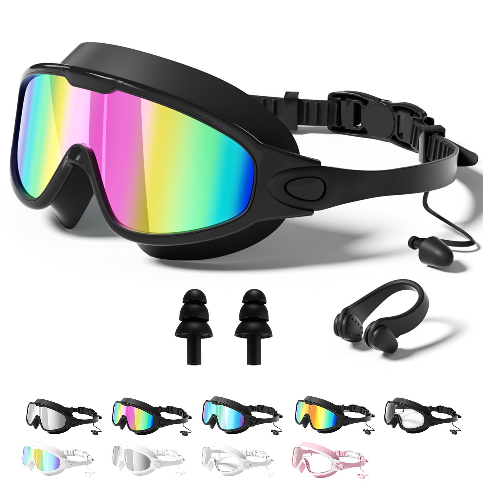 My Cool Summer Goggles, 180° Wide View Anti Fog & UV No Leaking Swim Glasses, with Ear Plugs & Nose Clip for Children and Early Teens, Waterproof, Anti-Fog, UV Protection (1-Black with pink plating)