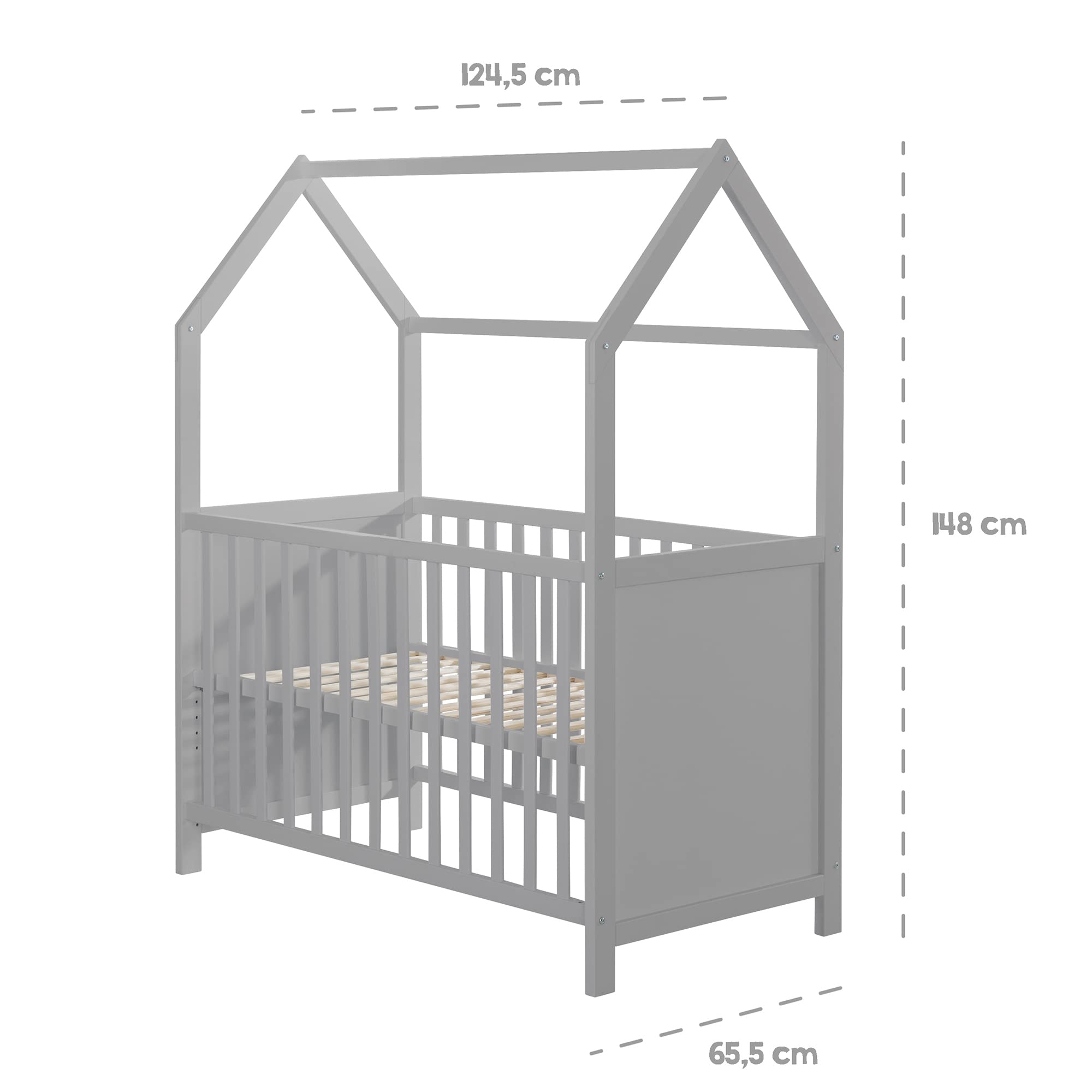 roba Lettino a Forma di Casa 60 x 120 cm - Certificato FSC - Culla Co-sleeping - Regolazione in 6 Altezze Diverse - Trasformabile - Legno Laccato Grigio