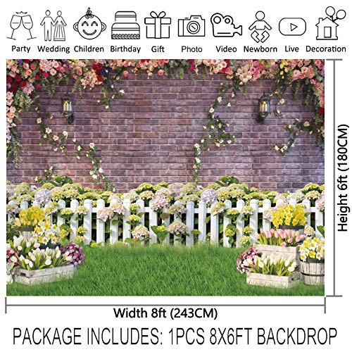 96X72Inch Durable Fabric Spring Garden Backdrop Easter Flower Fence Rose Pink Brick Wall Photography Background Party Supplies Floral Decoration Kids Newborn Baby Portrait Photo Booth Props #TOP2