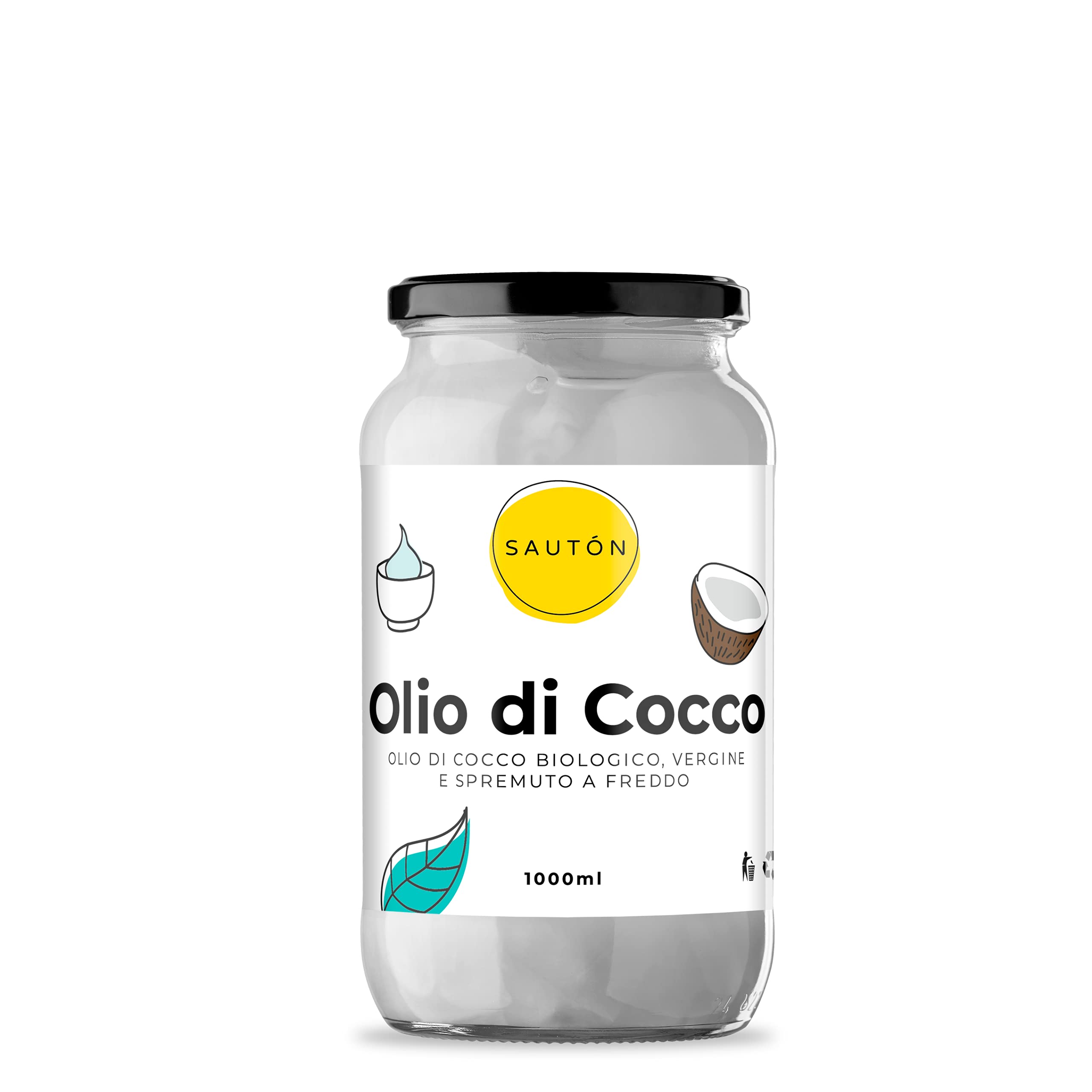 SAUTÓN Olio di Cocco, Biologico, Spremuto a Freddo, Naturale, Bio Nativo, non Raffinato, non Sbiancato, non Aromatizzato, Vegan 1000ml