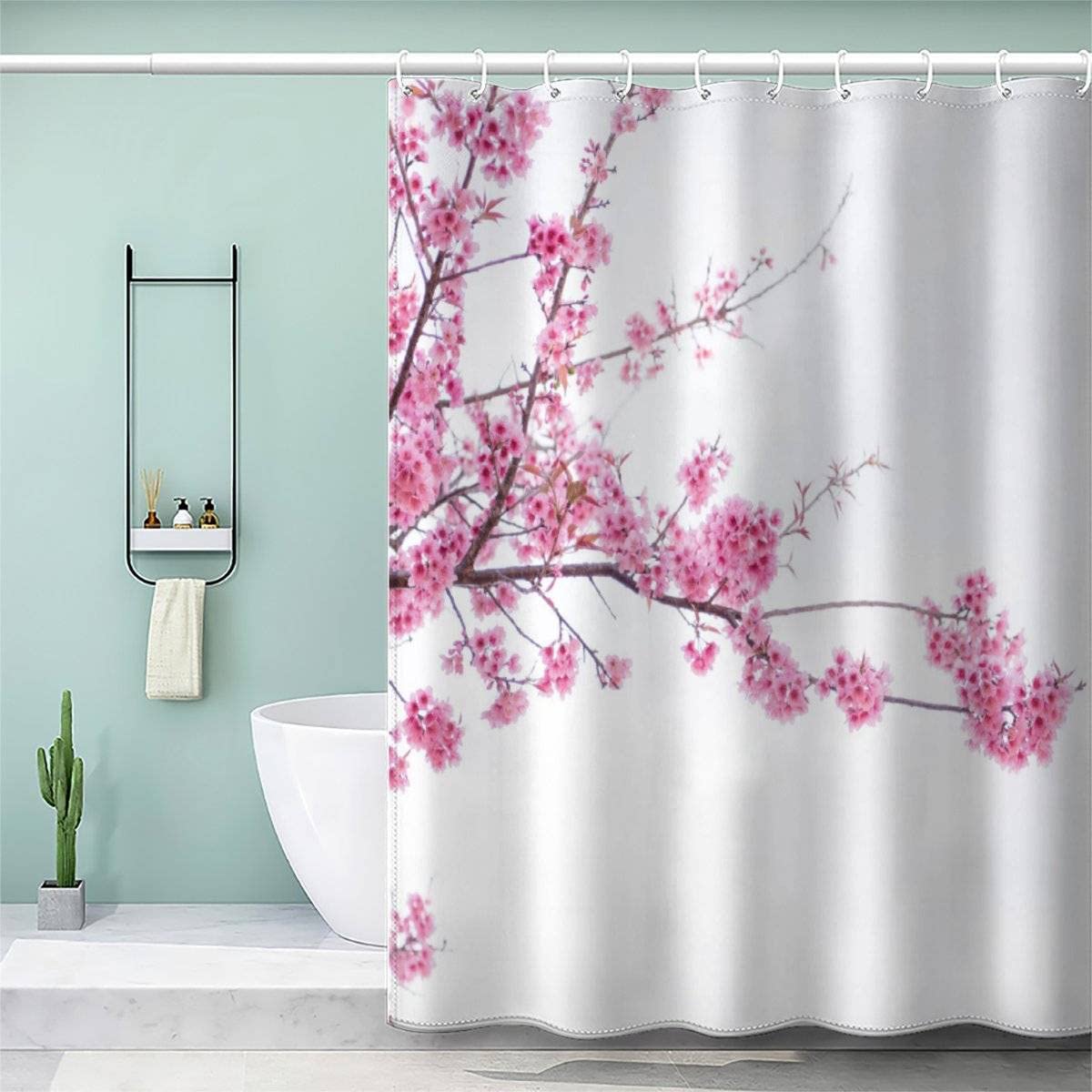 AOLIGL Shower Curtain 200x220 Extra Long Shower Curtains 220 Drop, Japanese Cherry Blossoms Shower Curtain Personalised Shower Curtain Polyester Fabric Romantic Pink Bathroom Curtains Long — image 1