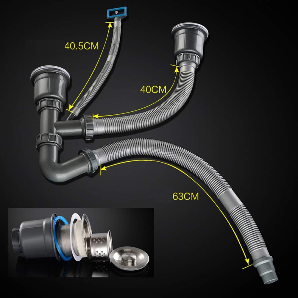 Juego Combinado de Grifo extraíble para Fregadero Doble de Cocina, de Acero Inoxidable Cuadrado, con Kit Completo de fontanería, desagüe y Accesorios para instalación empotrada baj