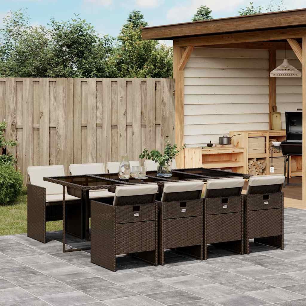 Set Comedor para jardín 9 pzas y Cojines ratán sintético marrón Cristal