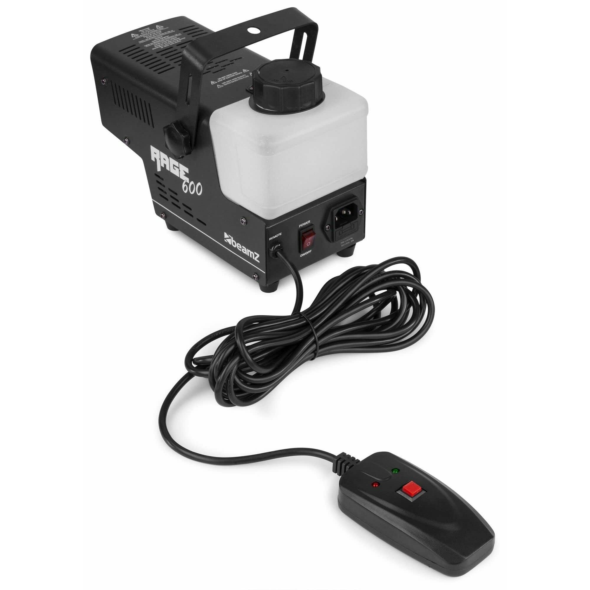 BeamZ Rage 600I Machine à Fumée 600 Watts, Réservoir 500 mL, Design Unique et Solide, Télécommande Filaire 3m pour Contrôle à Distance, Etrier de Montage, Idéal pour une Soirée de 30 m²
