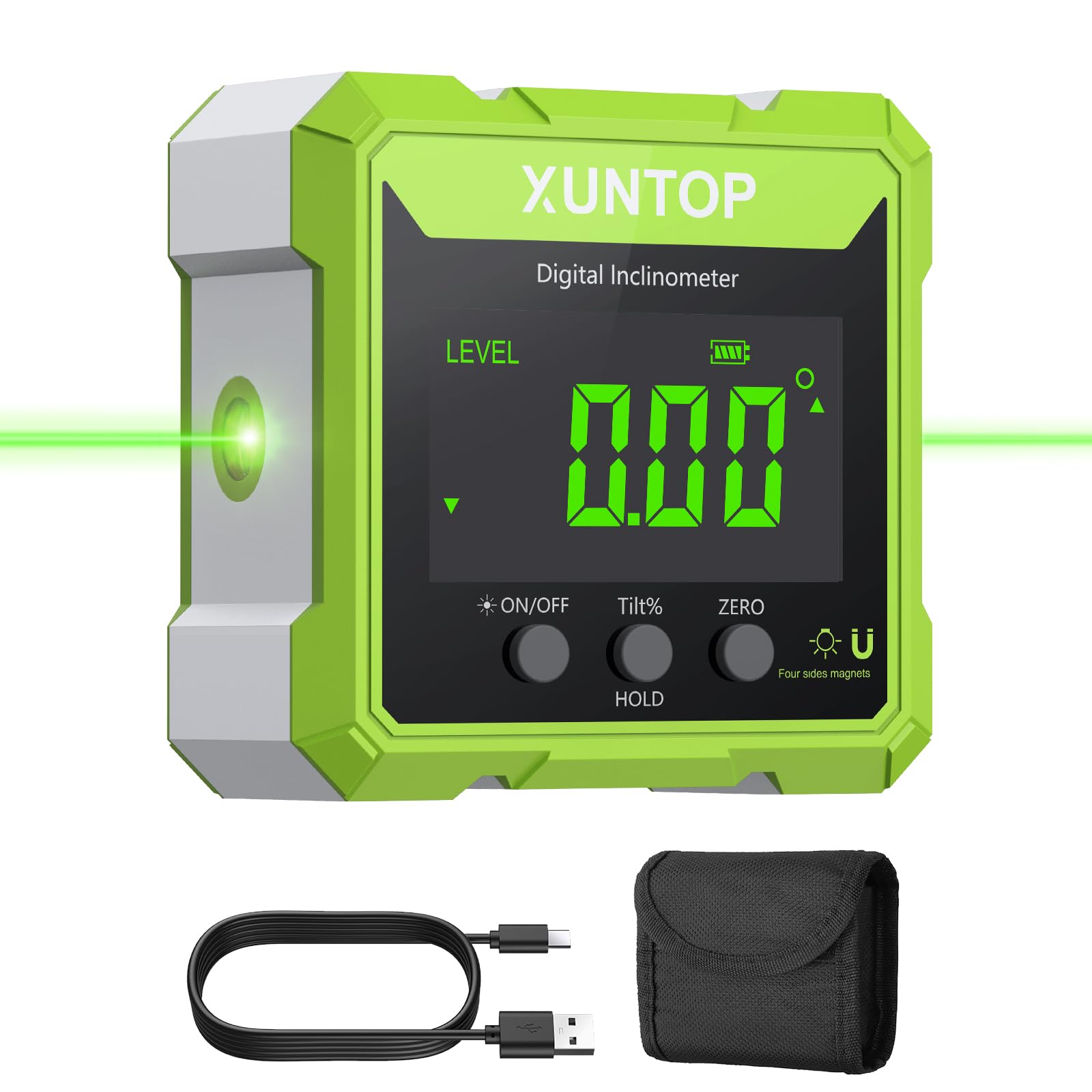 XUNTOP Inclinomètre Numérique 360° avec Laser Vert Haute Visibilité – Niveau Laser Électronique Magnétique 4 Faces, Écran VA Vert Fond Noir, USB-C Rechargeable, IP54, Outil Mesure d’Angle pour Menuise