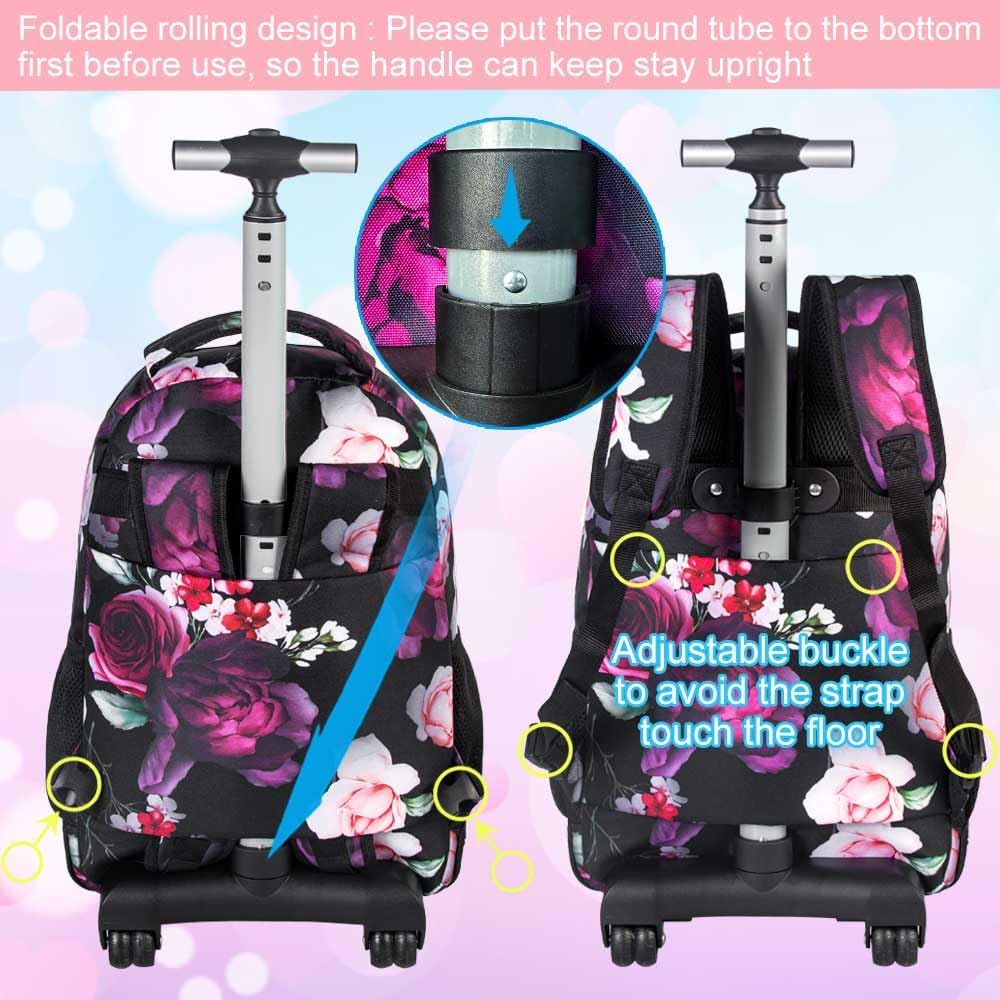 3Pcs Rolling Backpack for Girls Women, Travel Roller Backpacks with Wheels for Adults, Teens College Rose Wheeled Bookbag with Lunch Box(Black) - Image 3