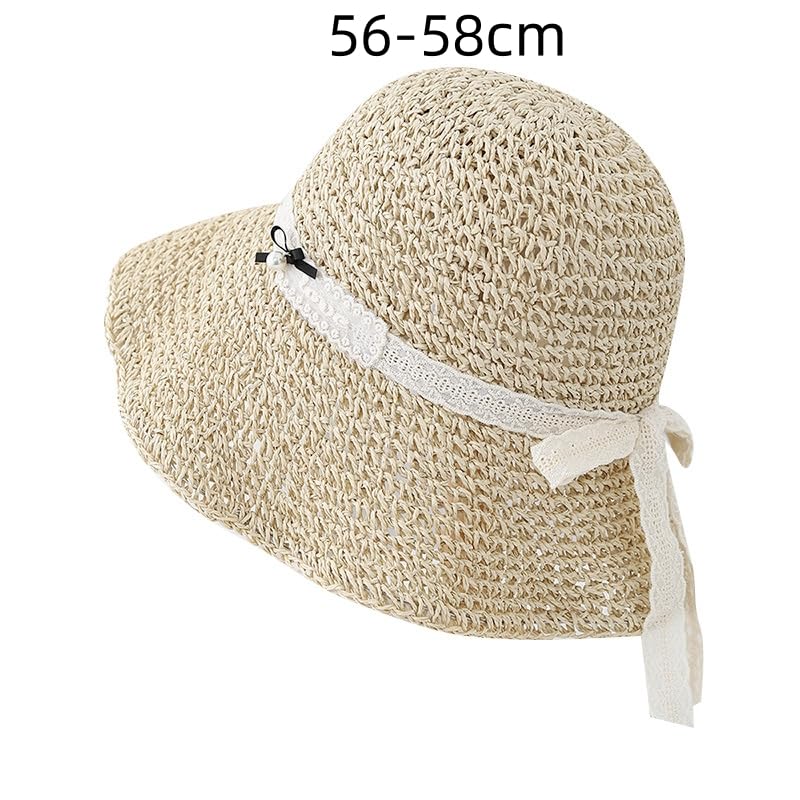 Sombrero de Paja Ahuecado de ala Ancha para Mujer,Ligero,con Lazo de Encaje de Perlas,Plegable,Transpirable,para Playa,para Caminar y Viajar