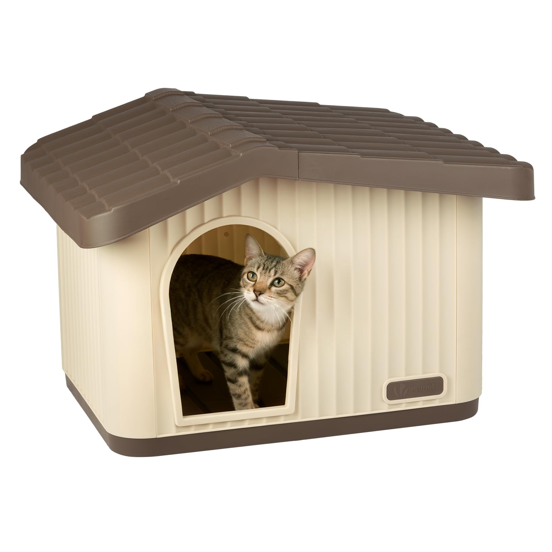 VOUNOT® Casa para Gatos de Plástico 60x51x41 cm, Caseta Mascotas Casita Cabaña de Perros Techo Desmontable Rejilla de Ventilación Patas Antideslizantes, Fácil de Montar para Interior y Exterior Beige