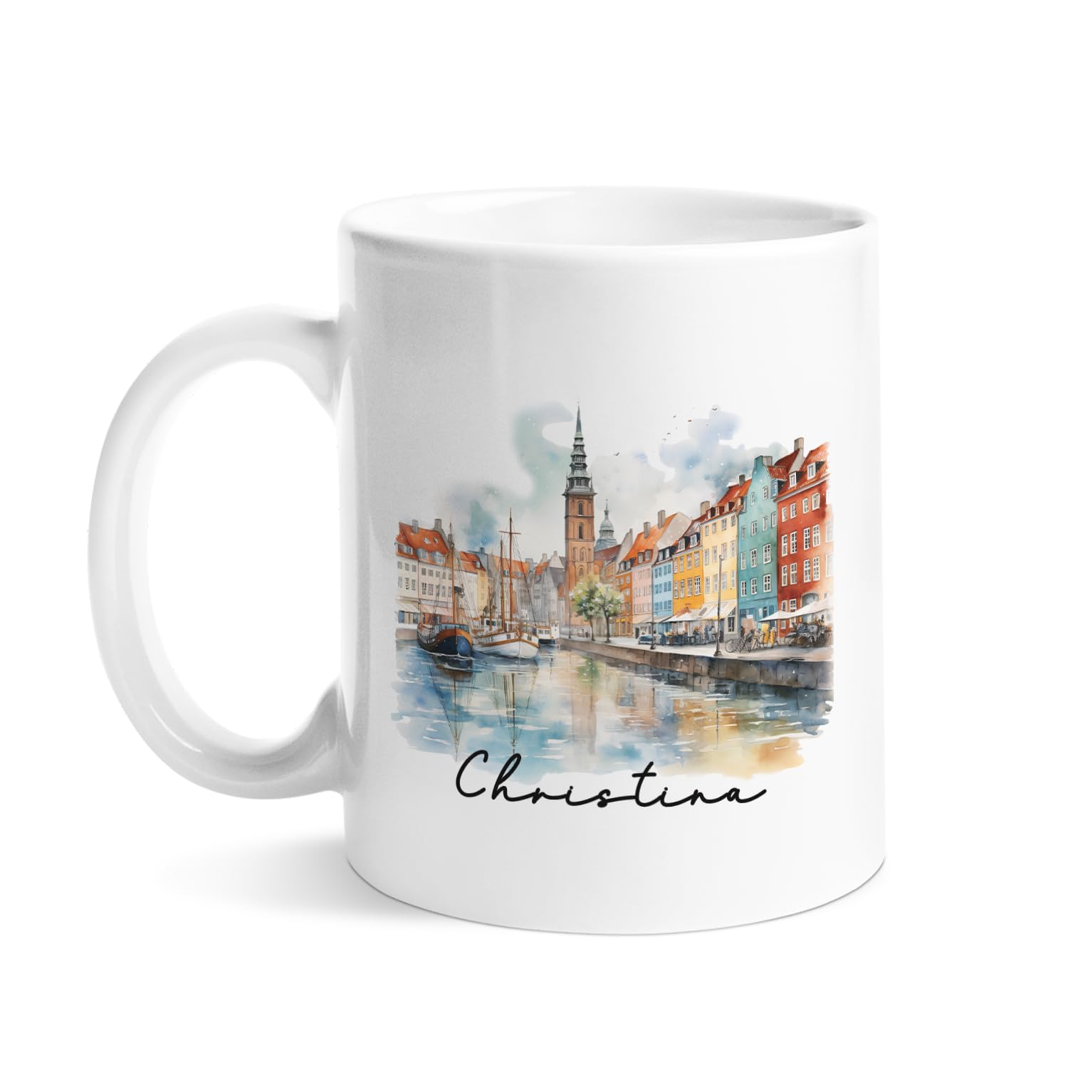 Personalized Copenhagen Coffee Mug, Customized Capital Of Denmark Tea Cup With Unique Name, Landscape Coffee Cup Gift For Friends, Family, White Ceramic Travel Cup, Beautiful Colorful Building Cup