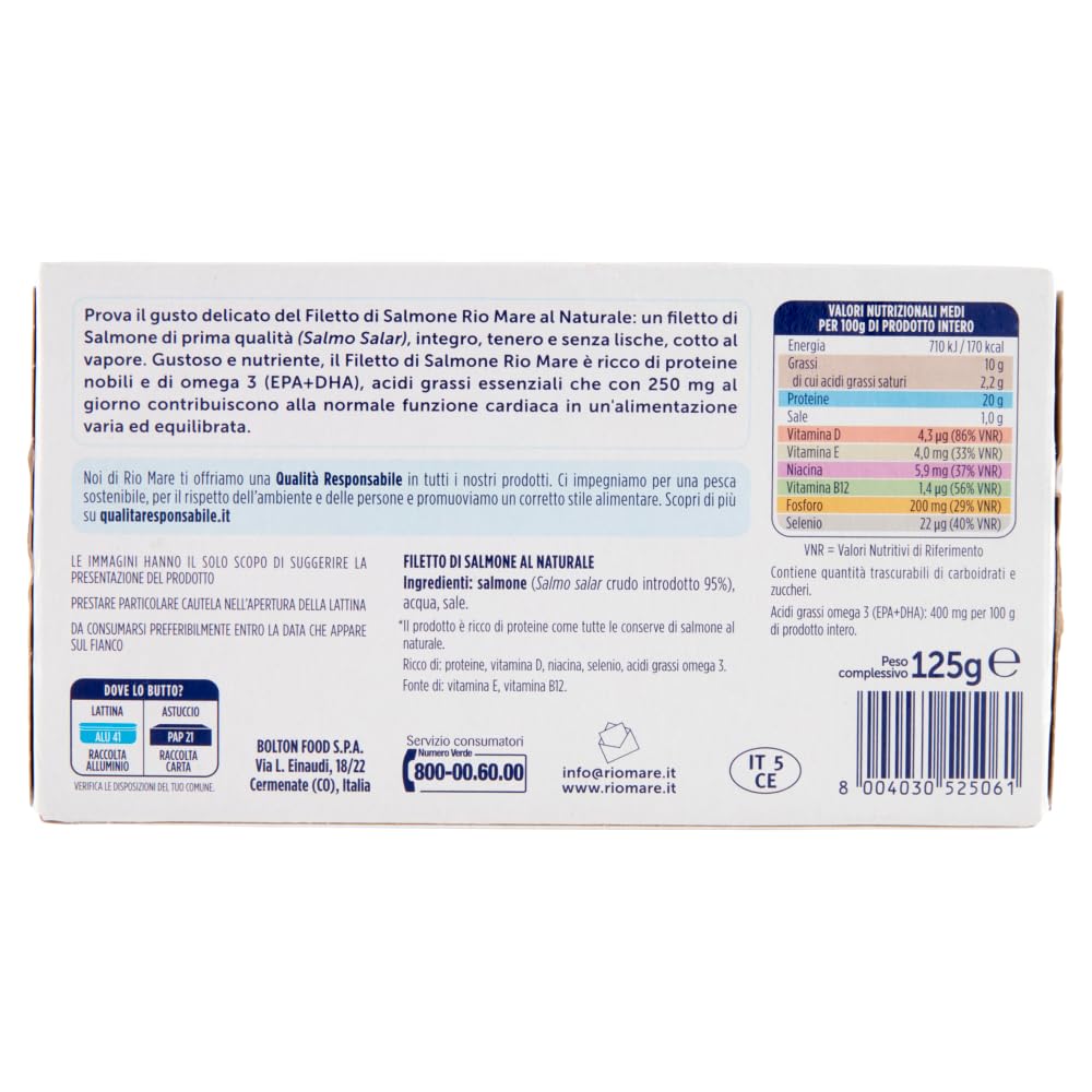 Italian Gourmet filetto di salmone naturale Lachsfilet 12 x 125g Omega3 pur | Cotto a vapore, gedämpft und zart, ricco di proteine, praktische Dosen für, Gesamtnettogewicht 1,5 kg + Kostenlos Polpa 400g