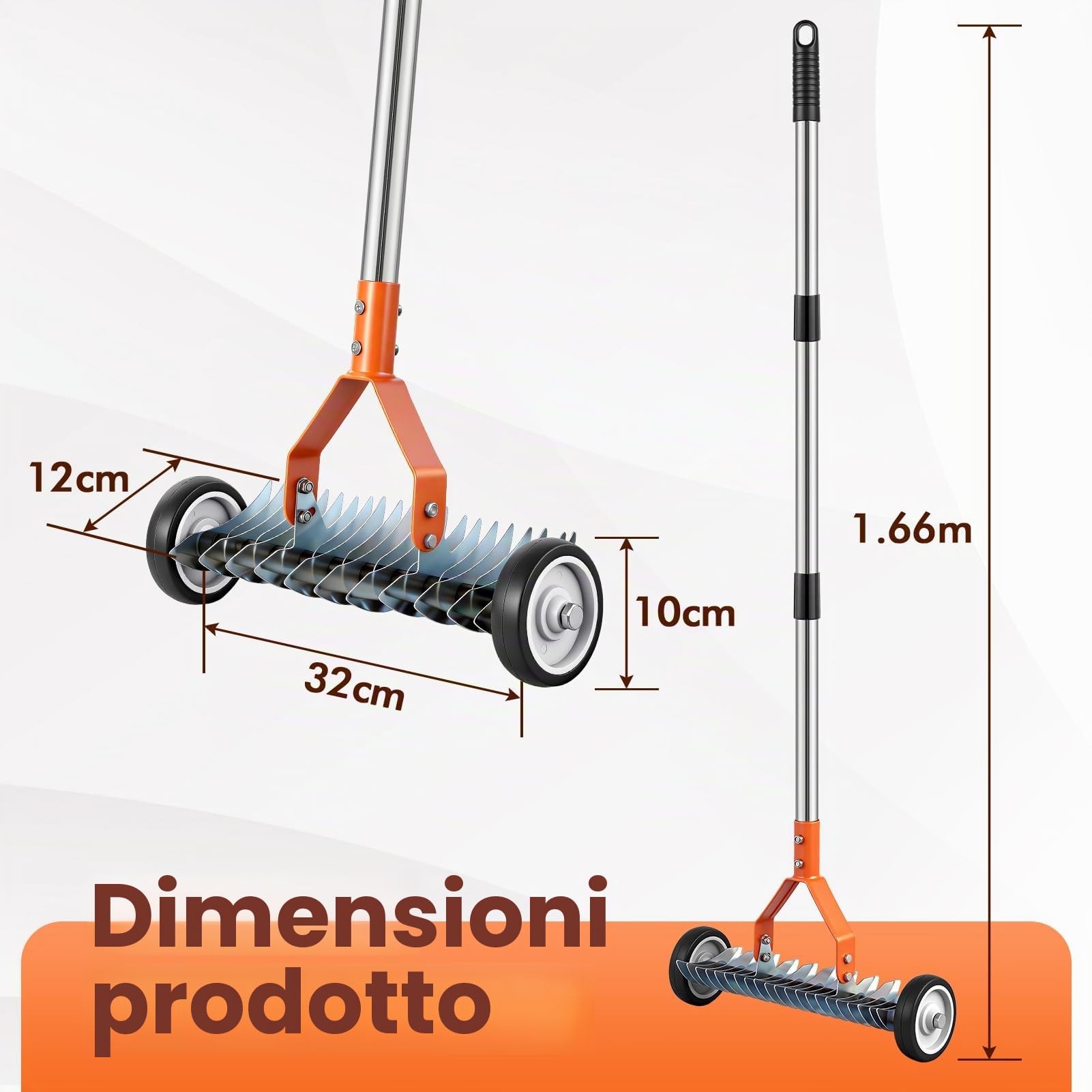 Scarificatore a mano con ruote, 166 cm, scarificatore manuale con manico regolabile, larghezza di lavoro 32 cm, 21 coltelli per scarificare, per giardino, cortile, prato, arancione