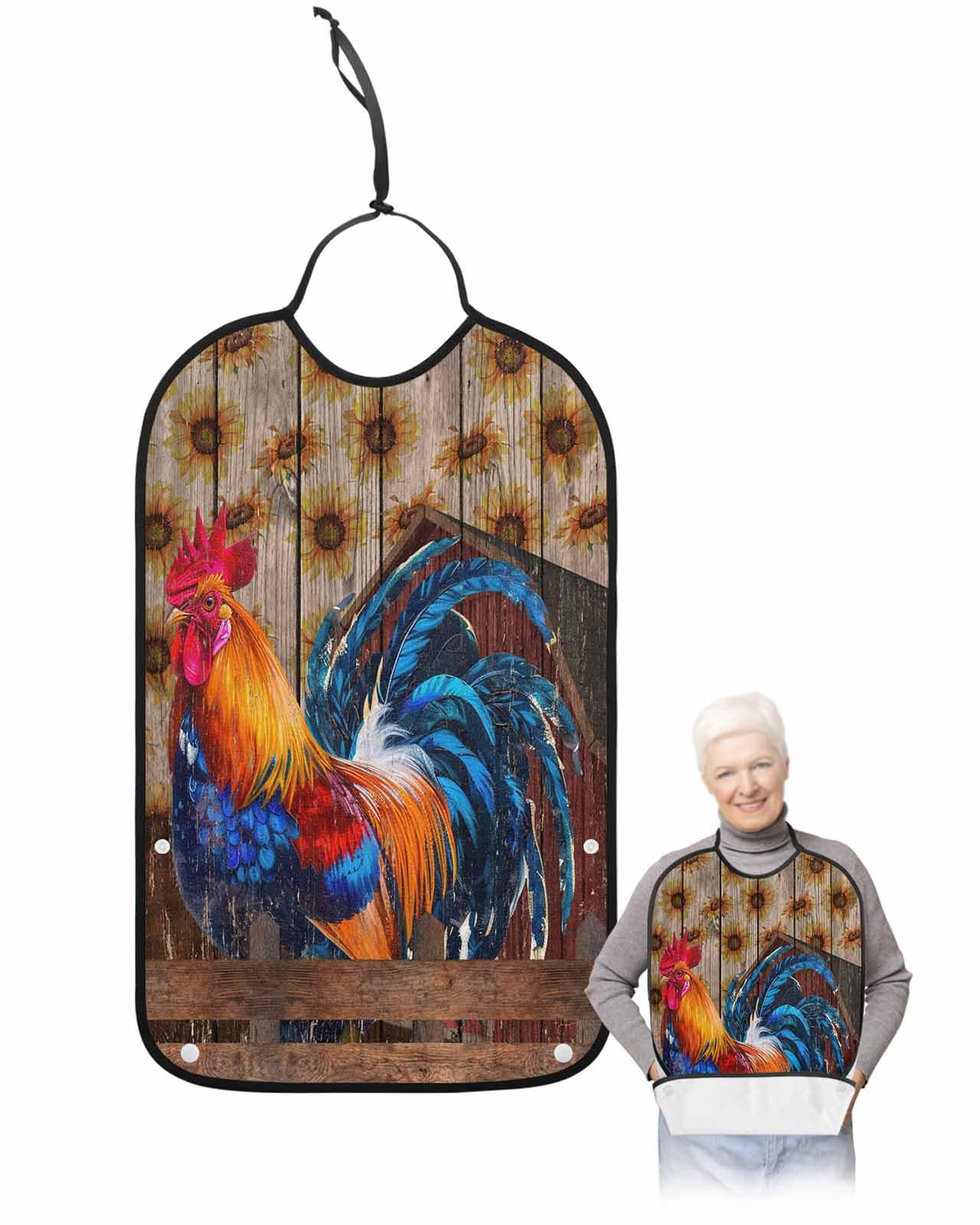 LEOKOTI Farm Rooster Adult Bibs for Eating, Waterproof Bibs with Food Catcher & Adjustable Snap Closure, Farmhouse Rustic Animals Sunflowers Washable Clothing Protectors Adult Bibs for Elderly