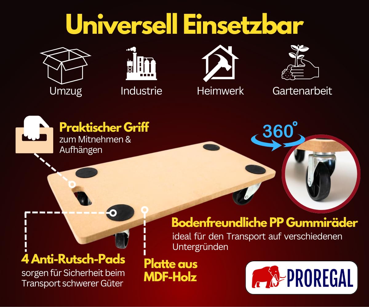 PROREGAL Profi Transportroller Hercules 30x60 cm Schwerlast bis 200 kg mit 4 Gummirollen & Griff, MDF Holzplatte, 10er Set Rollbrett für Möbel Möbelroller Transporthilfe für Umzug Pflanzen Werkstatt