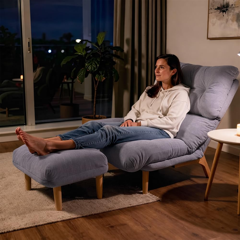 BAKAJI Poltrona Reclinabile con Poggiapiedi e Imbottitura Extra Soffice, Poltroncina e Pouf Sgabello Altissima Densità, Seduta Ergonomica e Schienale Inclinabile, Soggiorno, Camera da Letto (Grigio)