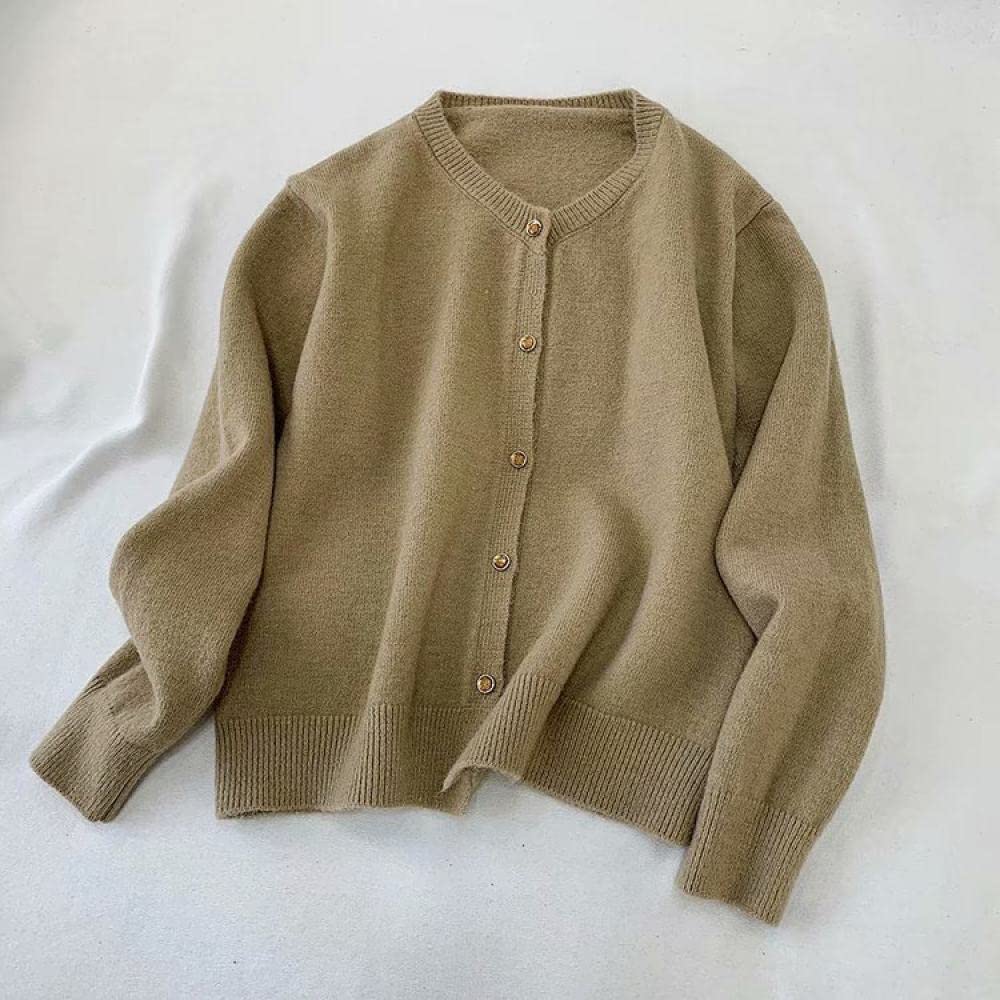 Cardigan Femme,Casual Couleur Unie Kaki Chunky Cardigan À Manches Longues Pull en Tricot Manteau Col Rond Bouton Garder Au Chaud Tricots Vêtements D'Extérieur pour Femmes, Taille Unique