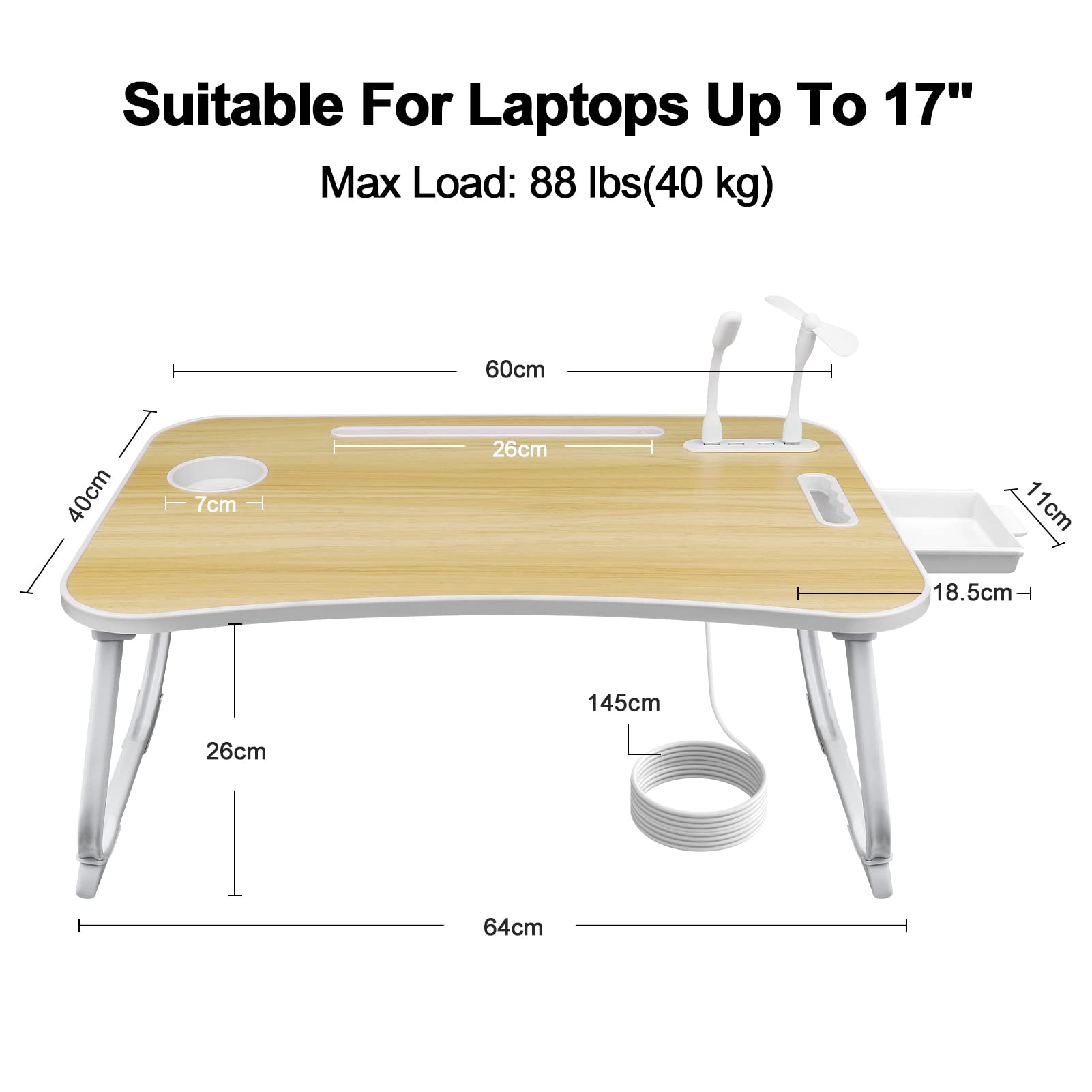 Tavolino da Letto, Tavolo Pieghevole con 4-USB, Cassetto, Porta Tablet, Porta Bicchieri, Maniglia di trasporto, Adatto per Letto, Divano, Pavimento(60x40cm, Legno)