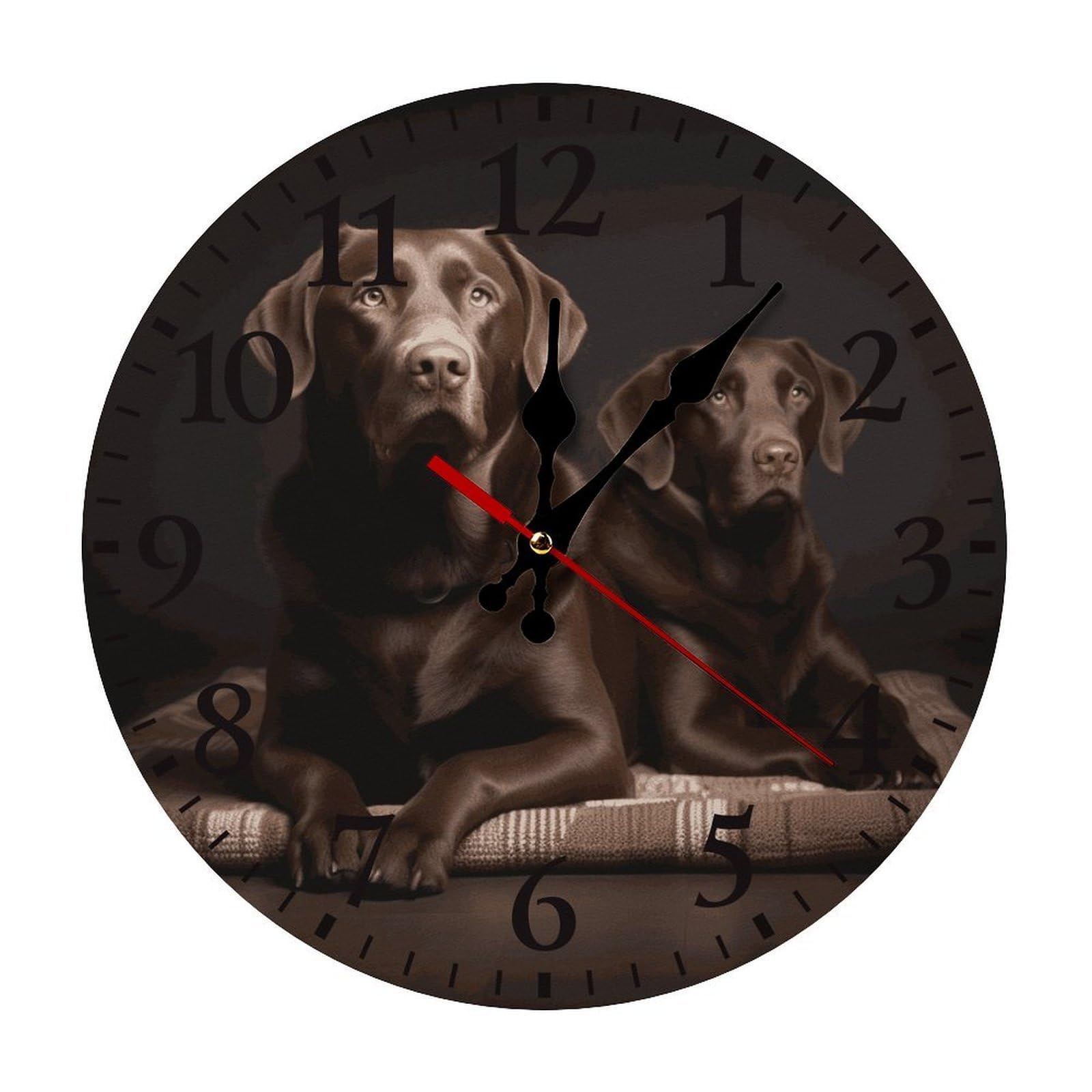 QMNLKH Brown Labrador Retriever Wall Clock for Home, Battery Operated Clock for Hotel, Round Wall Clock with Arabic Numerals Black, Easy to Read, Non-Ticking Clocks for Living Room 25 * 25cm
