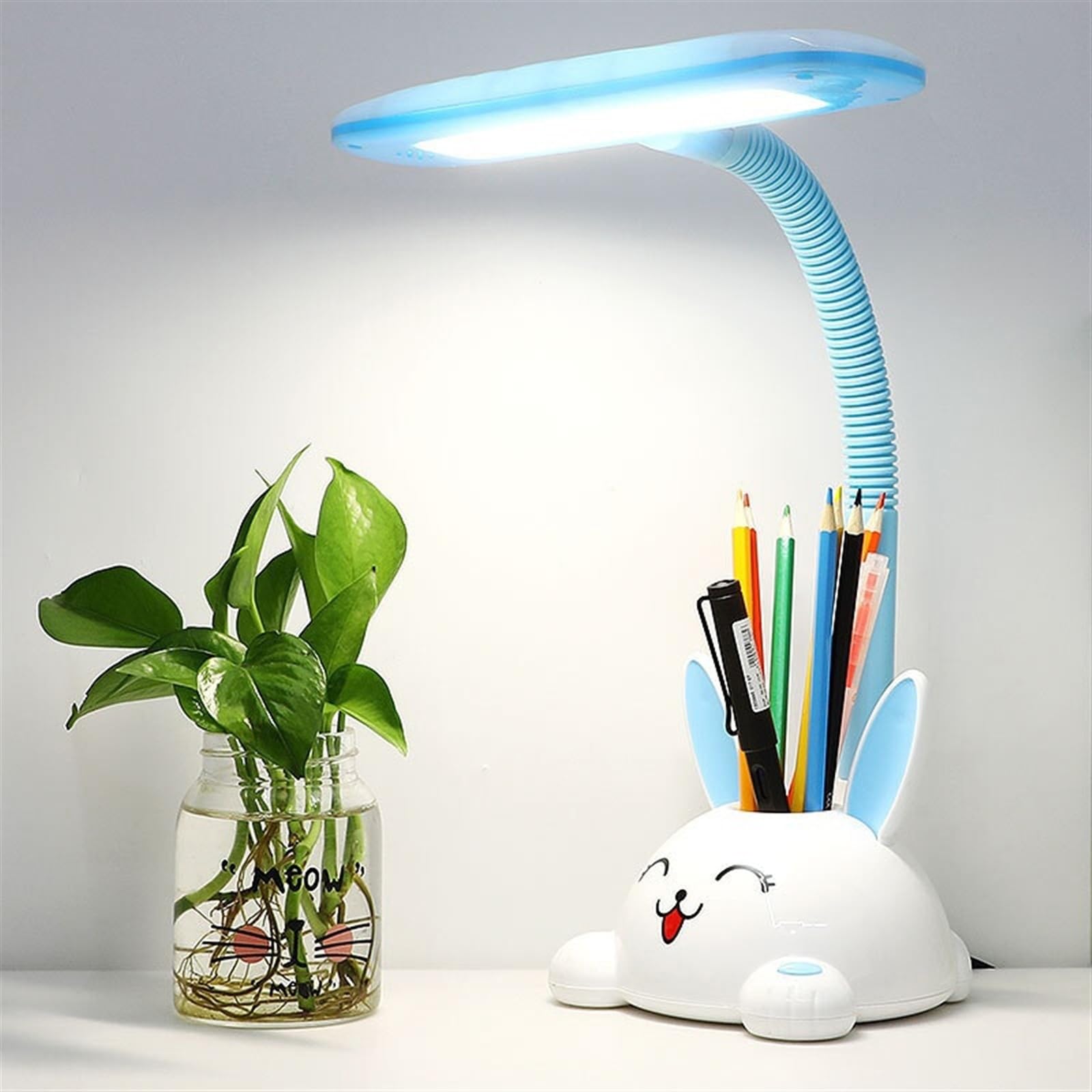 Lampa biurkowa śliczna króliczek lampa biurkowa LED z ochroną oczu z uchwytem na długopis, ściemniana lampa do czytania z 3 trybami oświetlenia, przełącznik