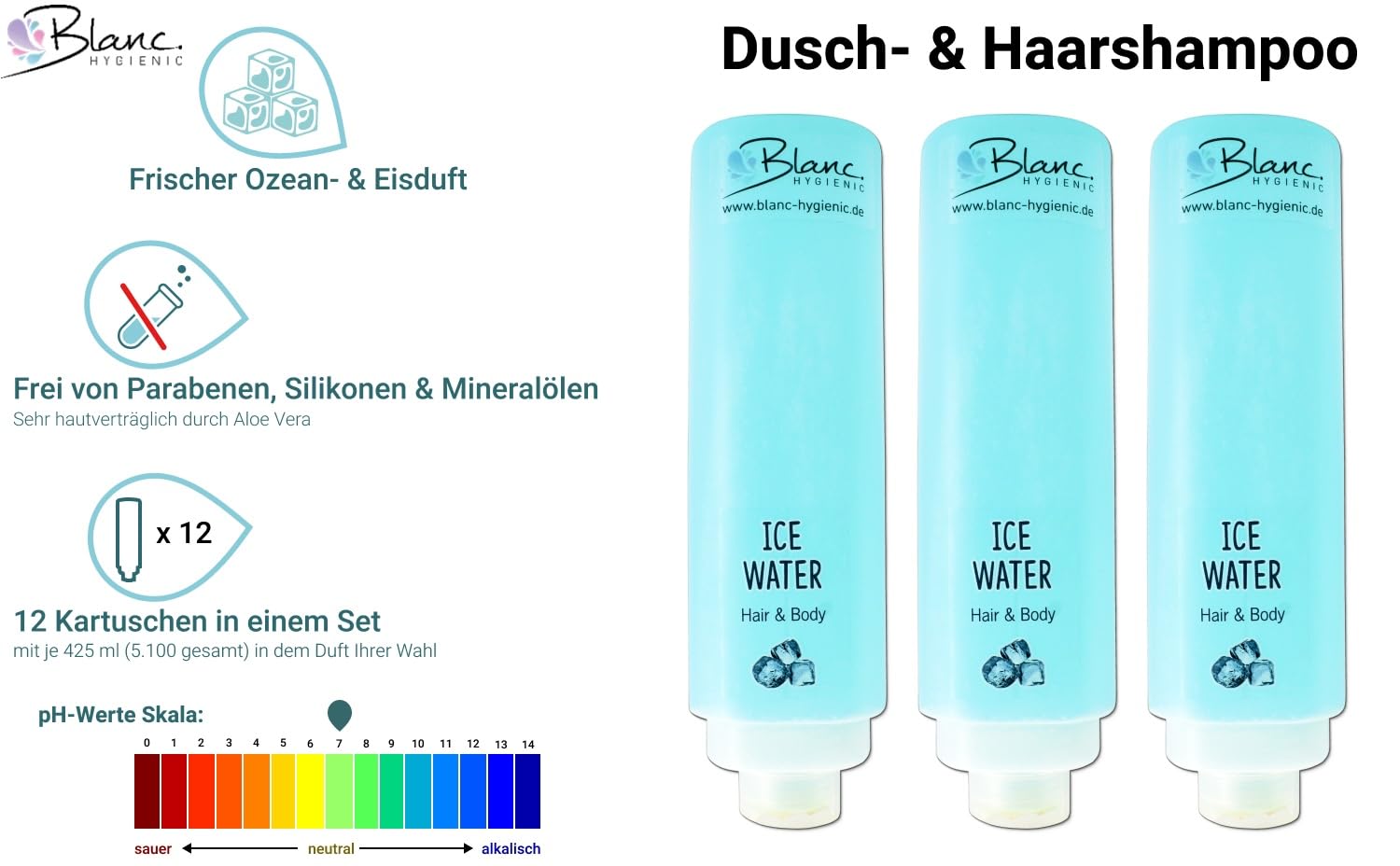 KOMPLETTSET Duscherlebnis Fresh Mint Hotelserie Weiß | 12x425 ml Hair & Body, 300 ml Intimpflegeschaum, 5 Halter, Aloe Vera & pH-neutral