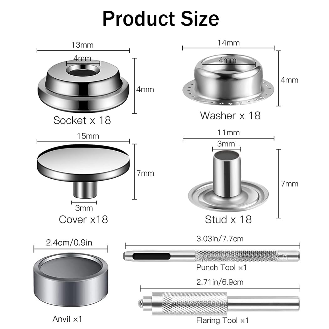 Youery 18 Kit Bottoni Automatici A Pressione Metallo 15 Mm – Con 3 Attrezzi Di Fissaggio – Per Jeans, Pelle, Giacche, Borse - 6