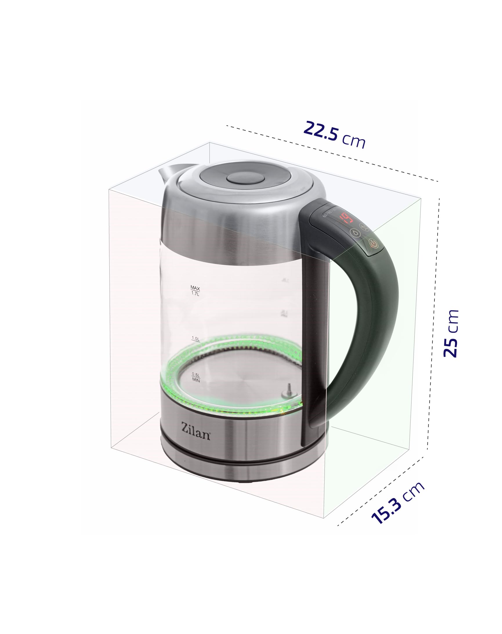 Zilan - Hervidor de agua de cristal LED, pantalla digital, 1,7 l, 5 ajustes diferentes, hervidor inalámbrico con cuerpo de vidrio de borosilicato de 360°, 2200 W