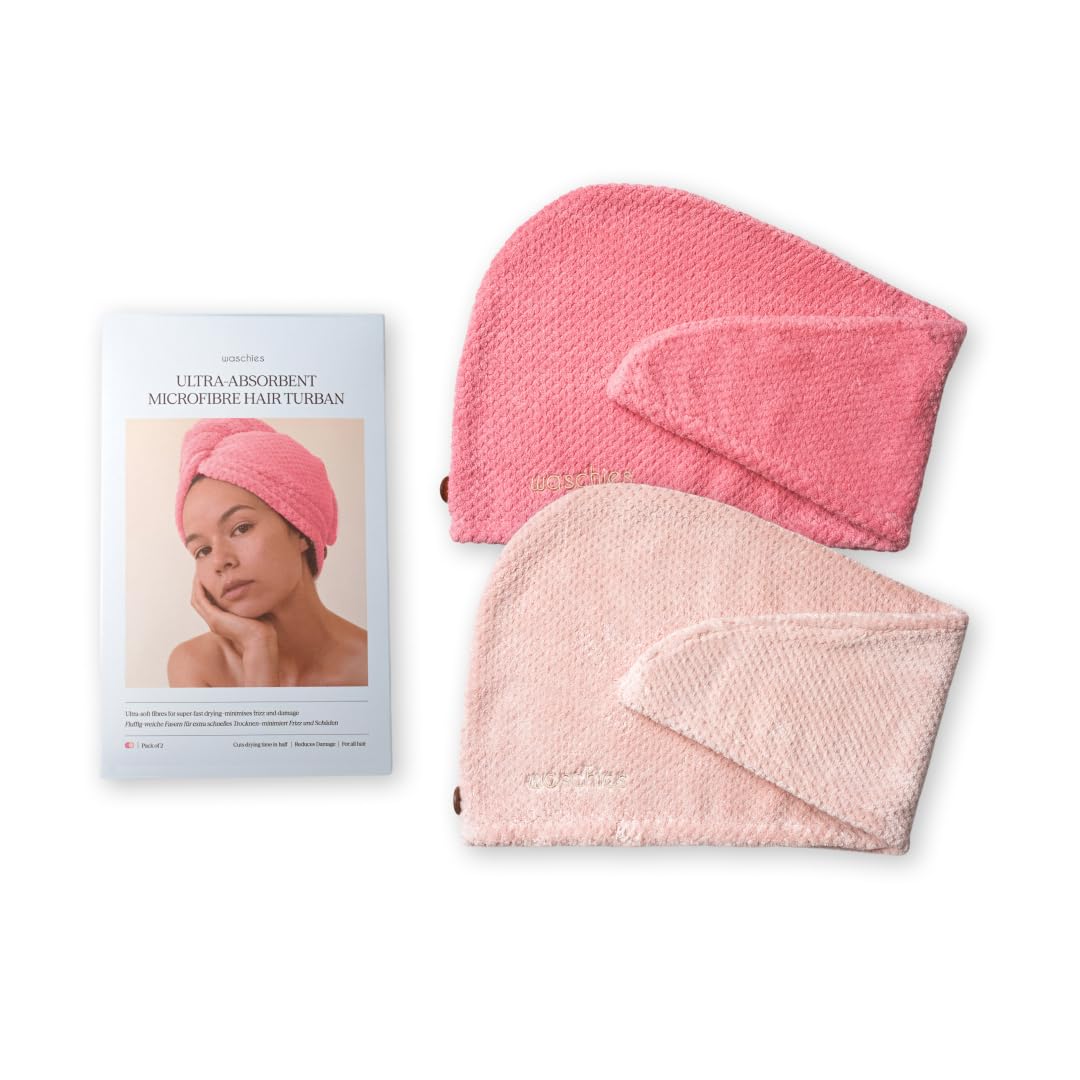 waschies Juego de 2 toallas de microfibra para el pelo, color rosa y rosa | Para todo tipo de cabello, con práctico botón de fijación para un secado rápido, suave, ligero y absorbente