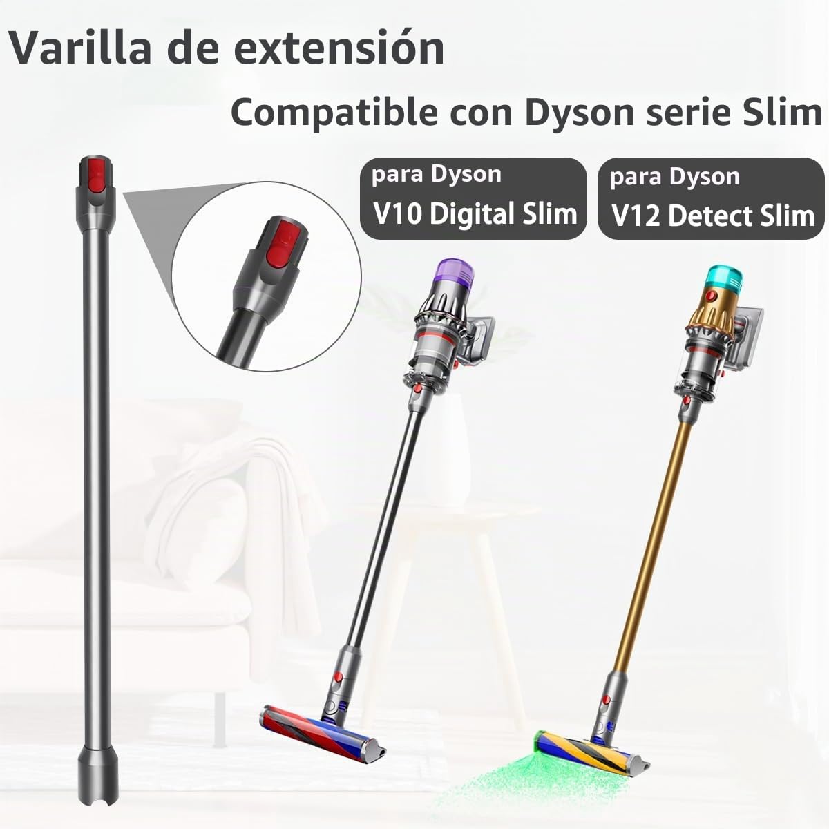 Tubos de Extensión para Dyson V12 Detect Slim Aspiradora, Tubo Telescopico de Liberación Rápida de Repuesto 74cm - negro