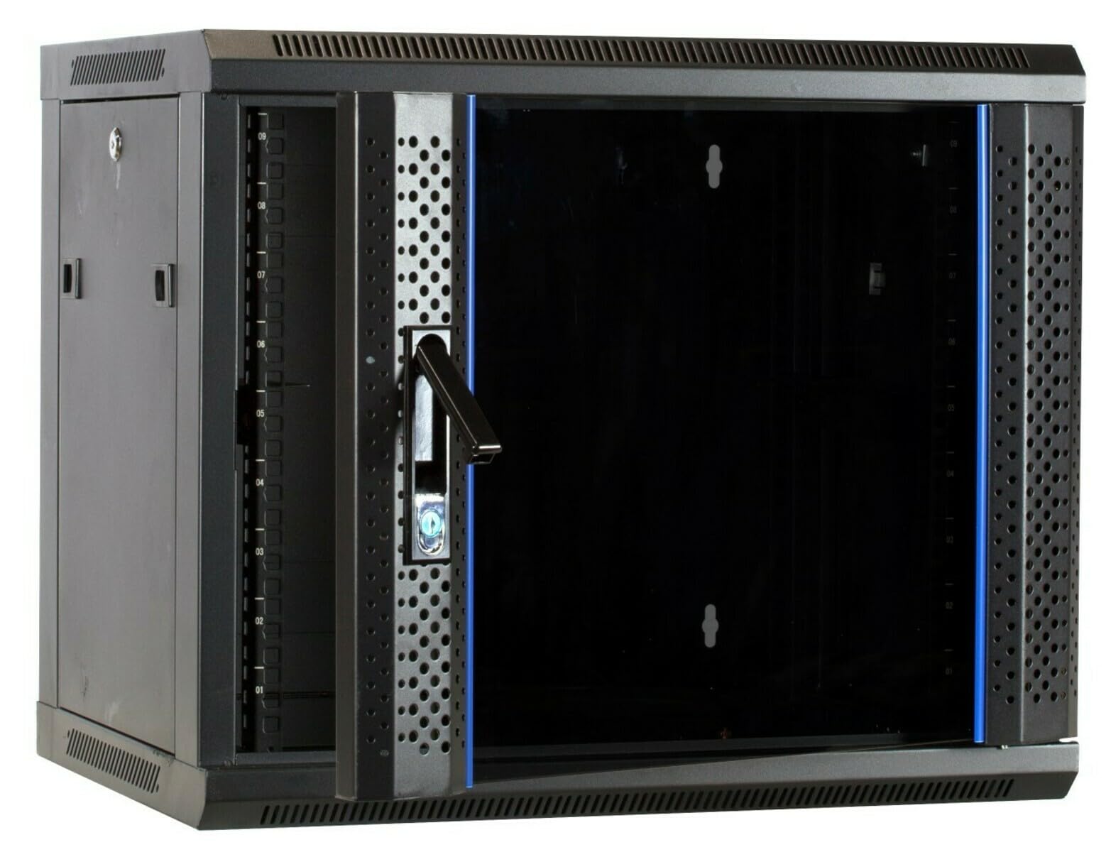9HE Netzwerkschrank (Serverschrank) 19 Zoll Wandmontage - mit Glastür - Nicht vormontiert (BxTxH) 600 x 450 x 500mm - Schwarz - Traglast 40 kg