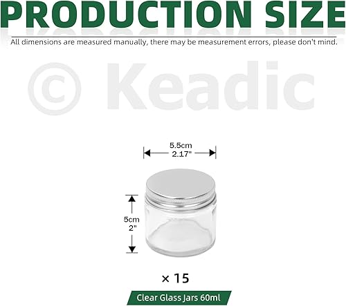 Miniatura 2 de Keadic Juego de 15 tarros de vidrio de 2.0 fl oz2 onzas con tapas, mini tarros redondos herméticos para muestras de conservas con tapas plateadas,