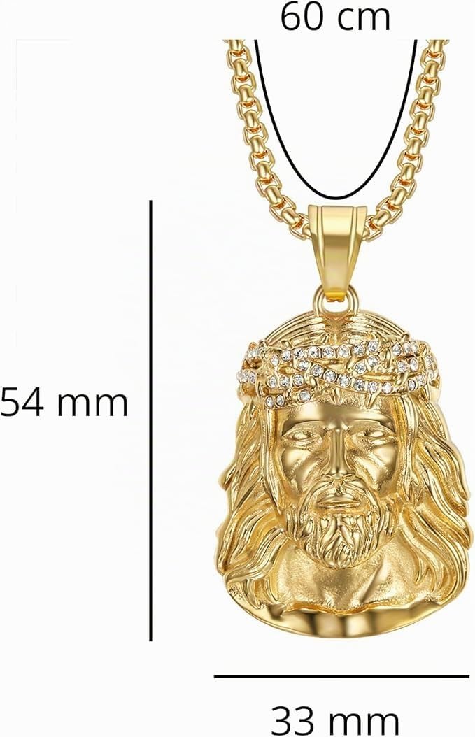 Collar Cristo. Cara de Jesús con Cristales Brillantes, Acero Inoxidable Bañado en Oro 18K, Cadena de 60 cm, Joyería Religiosa. Regalo para Él y Ella. Hecha a Mano